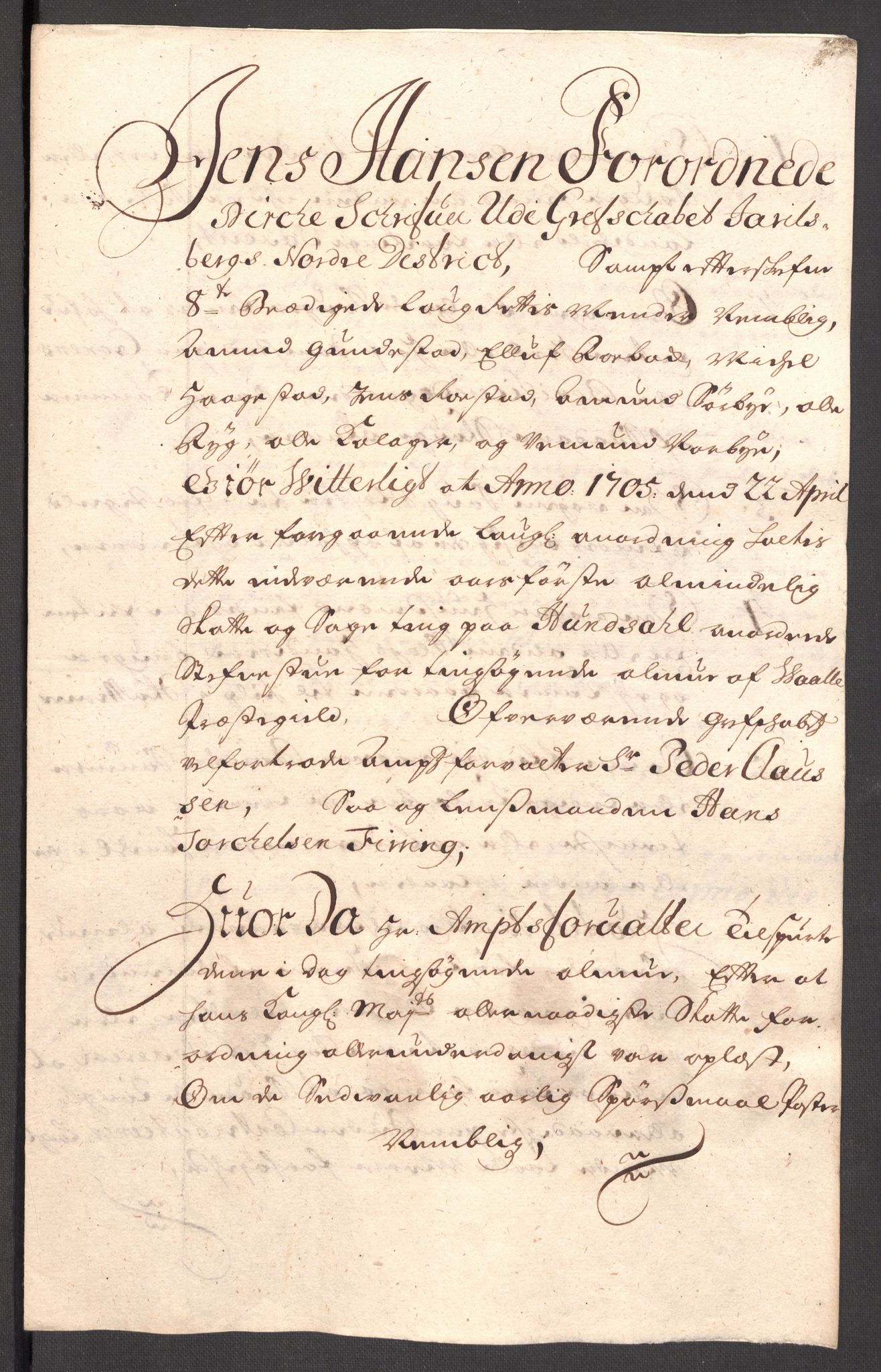 Rentekammeret inntil 1814, Reviderte regnskaper, Fogderegnskap, AV/RA-EA-4092/R32/L1871: Fogderegnskap Jarlsberg grevskap, 1703-1705, p. 531