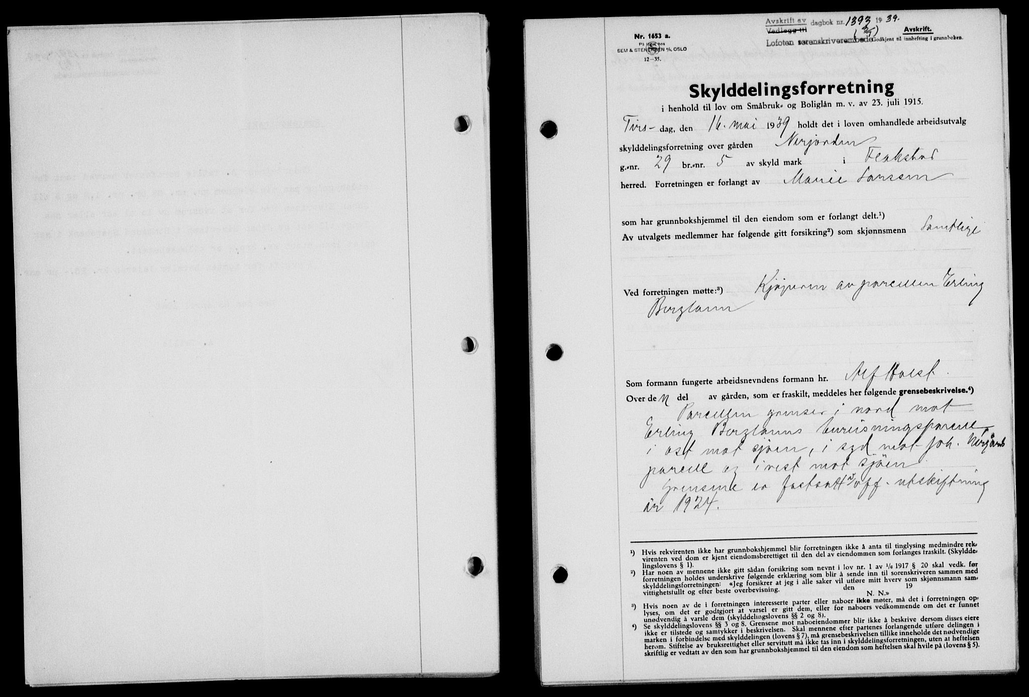 Lofoten sorenskriveri, SAT/A-0017/1/2/2C/L0006a: Mortgage book no. 6a, 1939-1939, Diary no: : 1393/1939