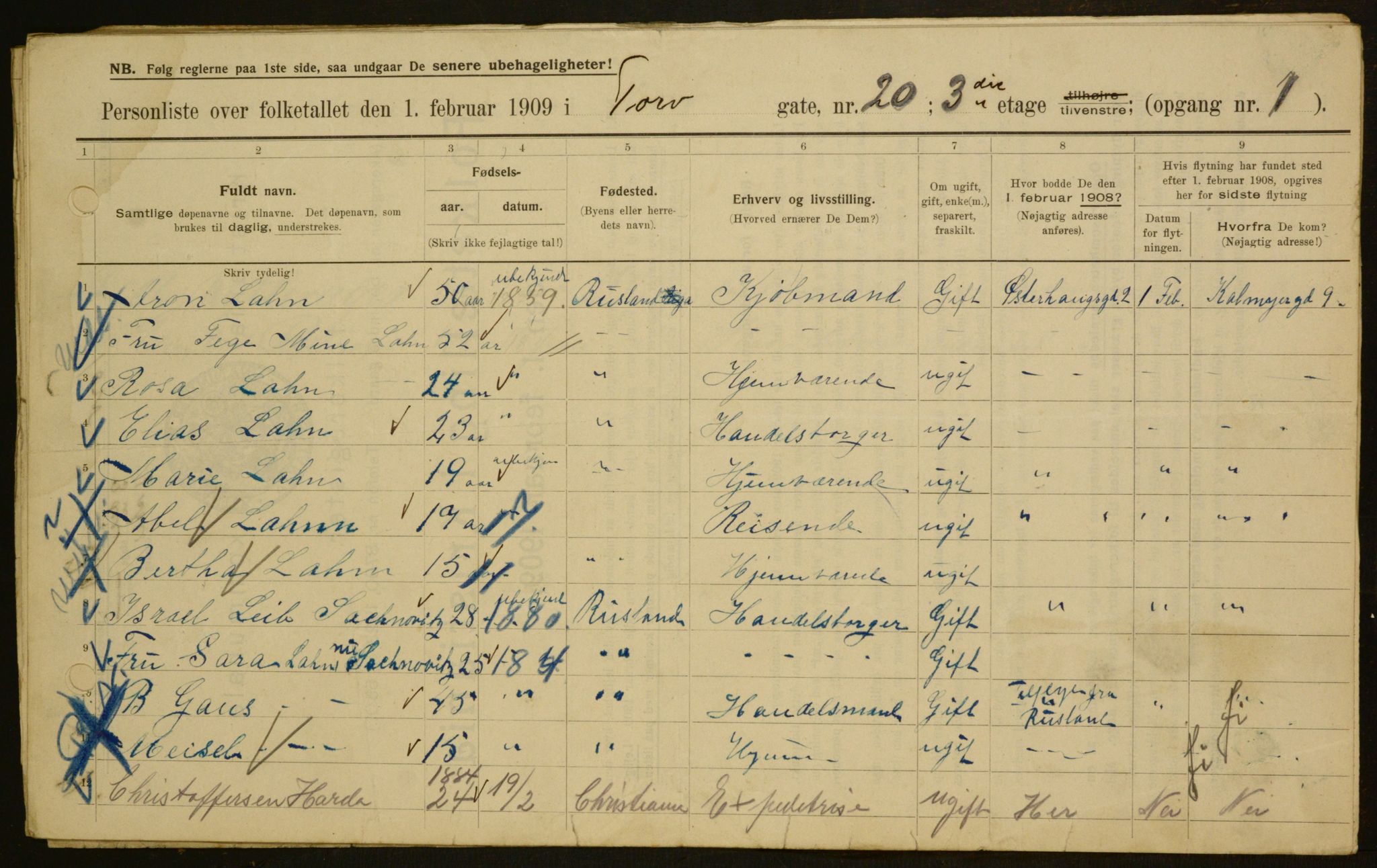 OBA, Municipal Census 1909 for Kristiania, 1909, p. 103464