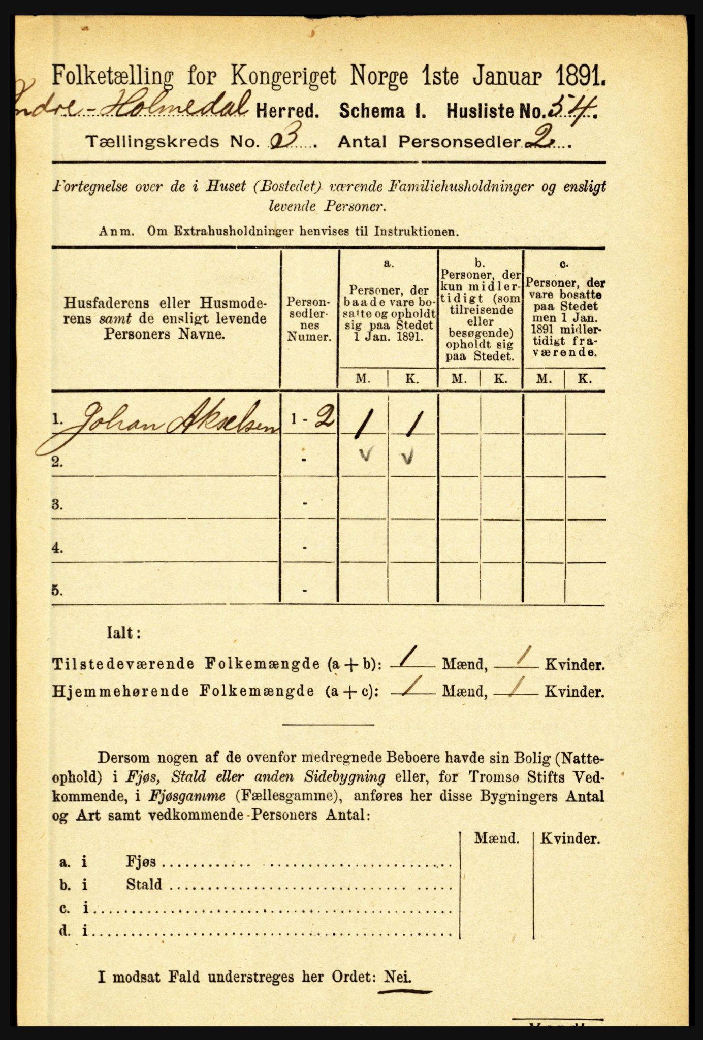 RA, 1891 census for 1430 Indre Holmedal, 1891, p. 891