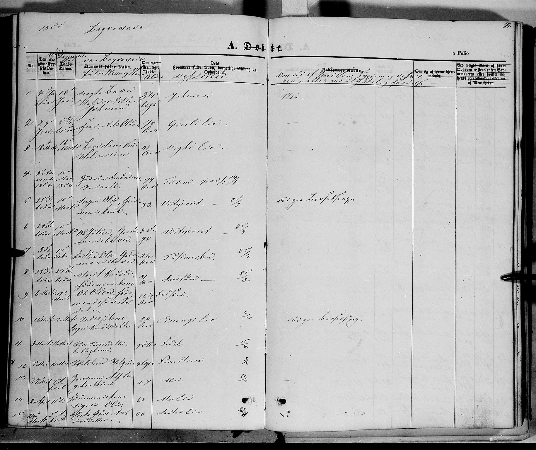 Vestre Slidre prestekontor, SAH/PREST-136/H/Ha/Haa/L0001: Parish register (official) no. 1, 1844-1855, p. 114