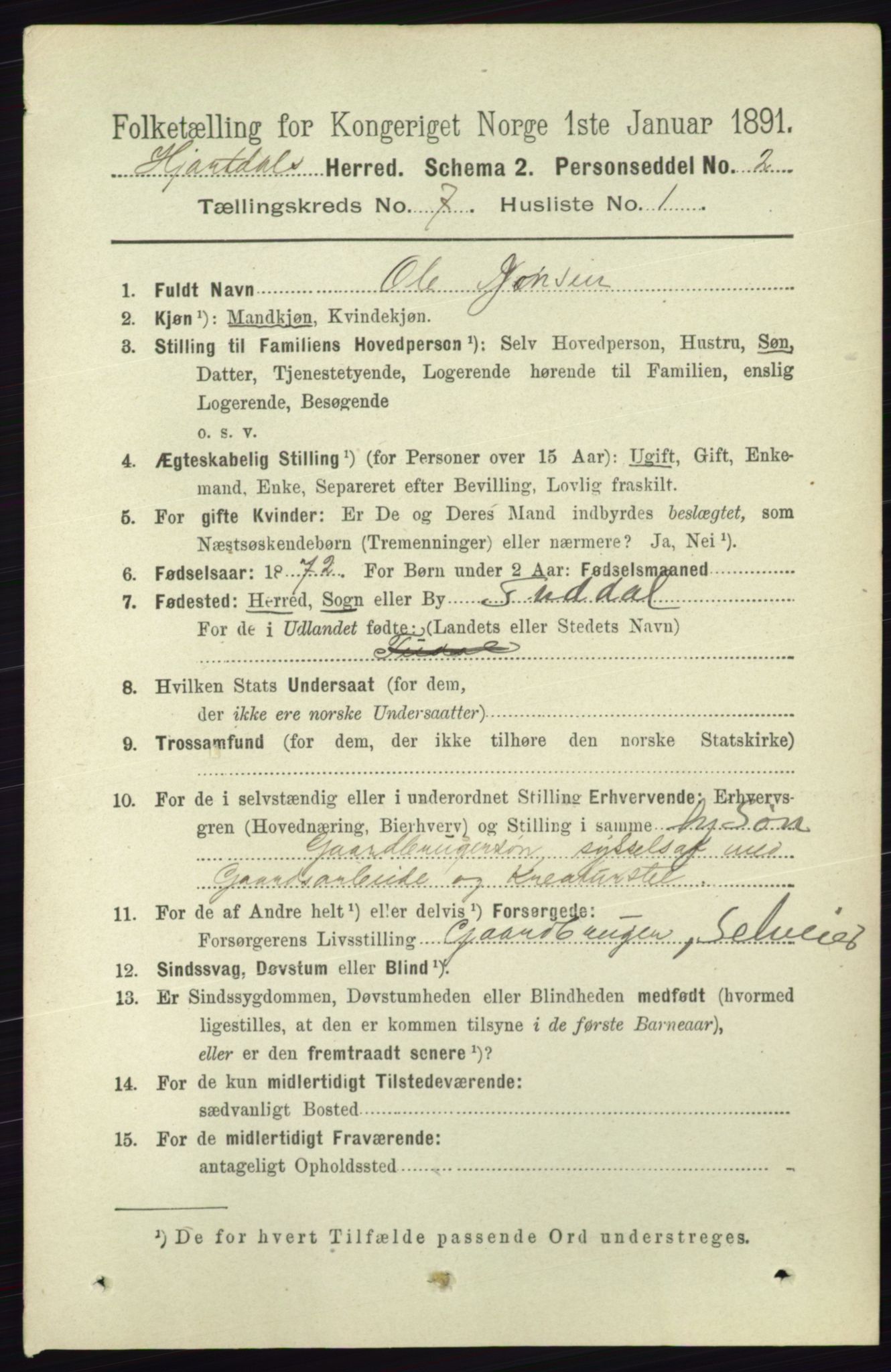 RA, 1891 census for 0827 Hjartdal, 1891, p. 2543