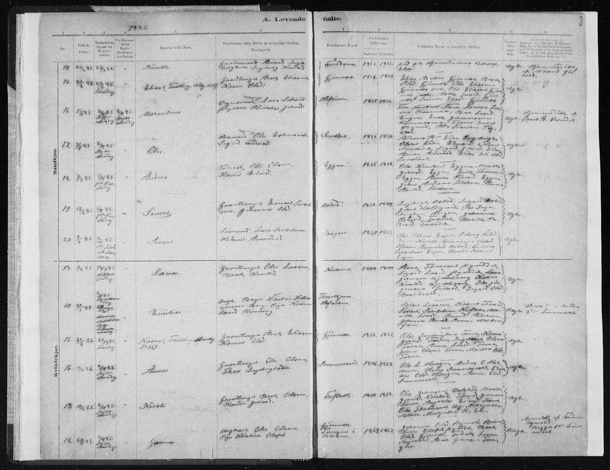 Ministerialprotokoller, klokkerbøker og fødselsregistre - Sør-Trøndelag, SAT/A-1456/668/L0818: Parish register (copy) no. 668C07, 1885-1898, p. 3