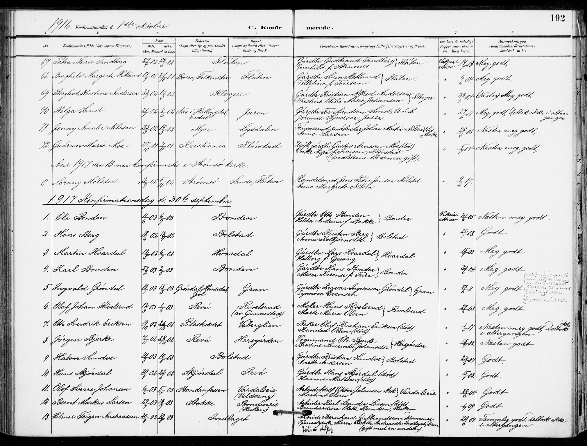 Sande Kirkebøker, AV/SAKO-A-53/F/Fa/L0008: Parish register (official) no. 8, 1904-1921, p. 192