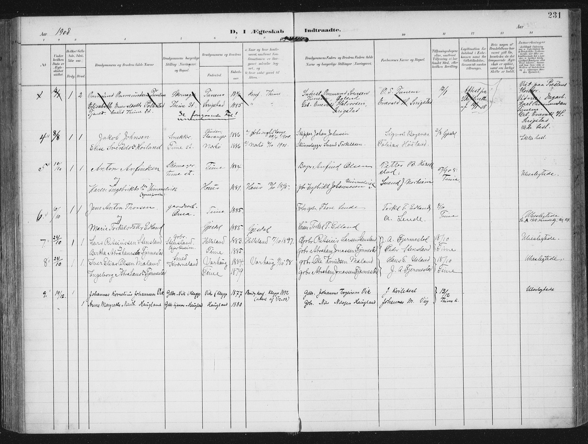 Lye sokneprestkontor, AV/SAST-A-101794/002/A/L0001: Parish register (official) no. A 12, 1904-1920, p. 231