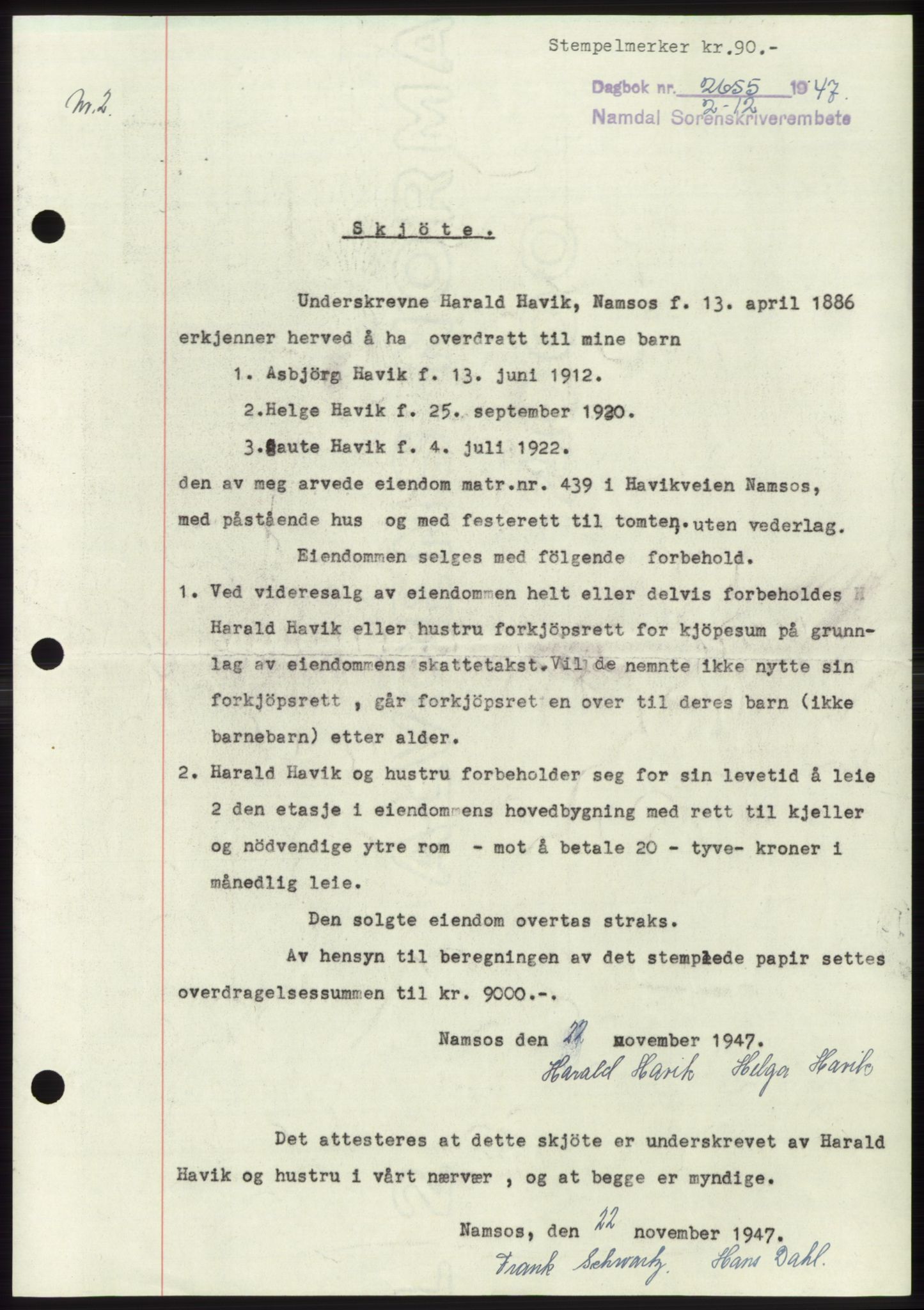 Namdal sorenskriveri, SAT/A-4133/1/2/2C: Mortgage book no. -, 1947-1948, Diary no: : 2655/1947