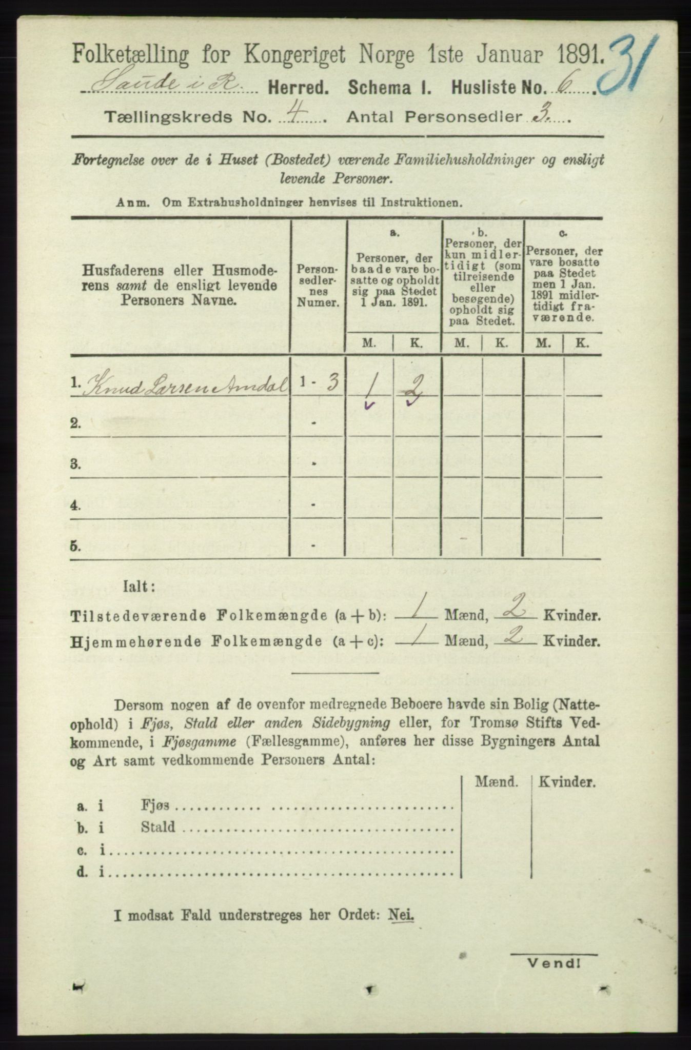 RA, 1891 census for 1135 Sauda, 1891, p. 1746