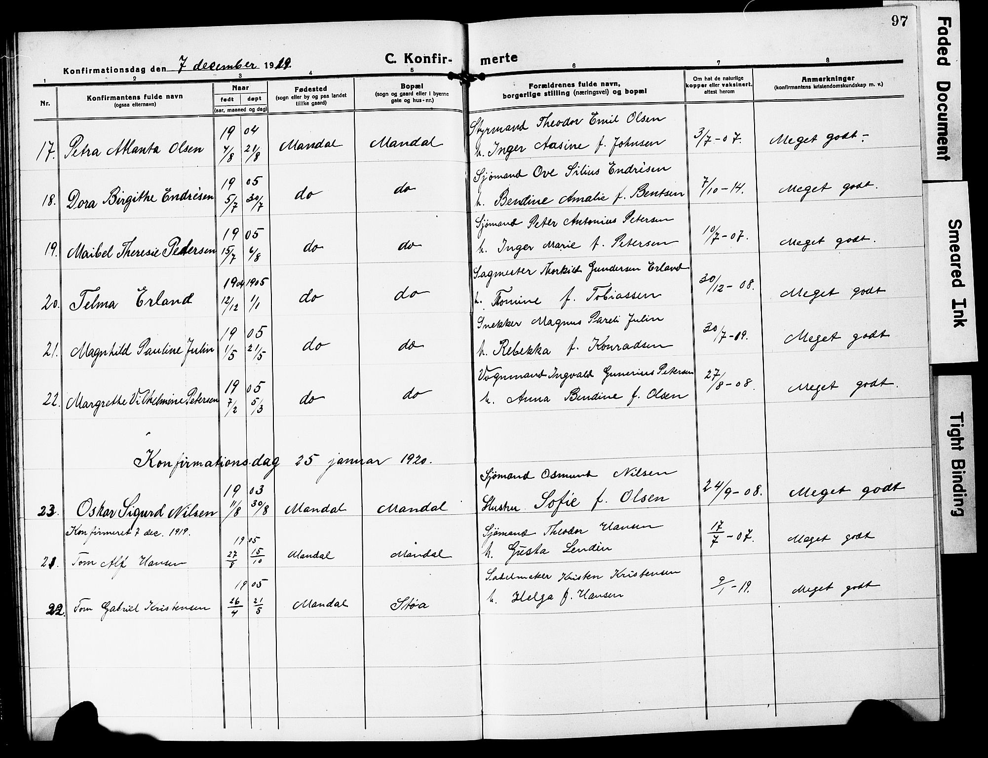 Mandal sokneprestkontor, AV/SAK-1111-0030/F/Fb/Fbc/L0001: Parish register (copy) no. B 1, 1918-1931, p. 97