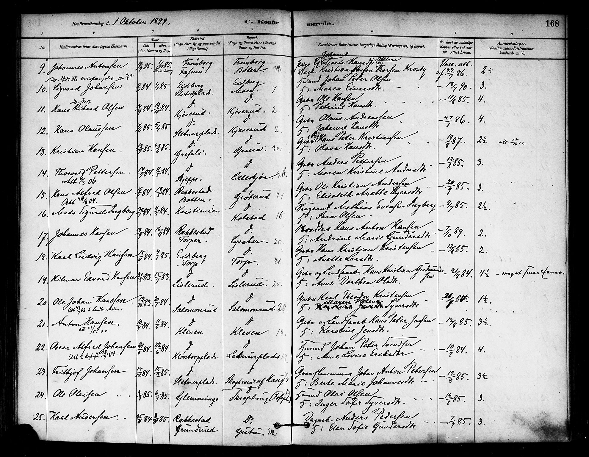 Eidsberg prestekontor Kirkebøker, SAO/A-10905/F/Fa/L0012: Parish register (official) no. I 12, 1879-1901, p. 168