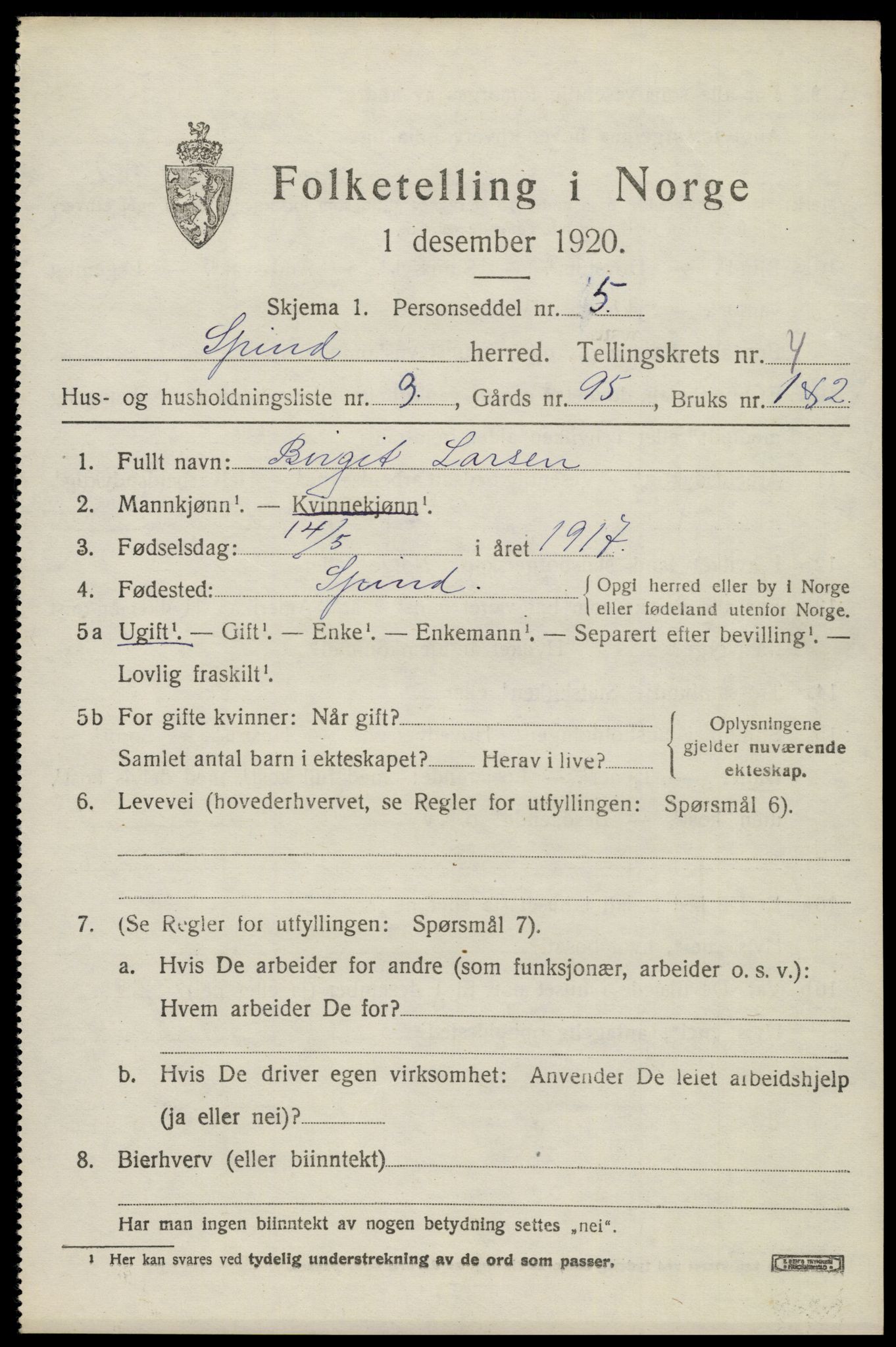 SAK, 1920 census for Spind, 1920, p. 2207
