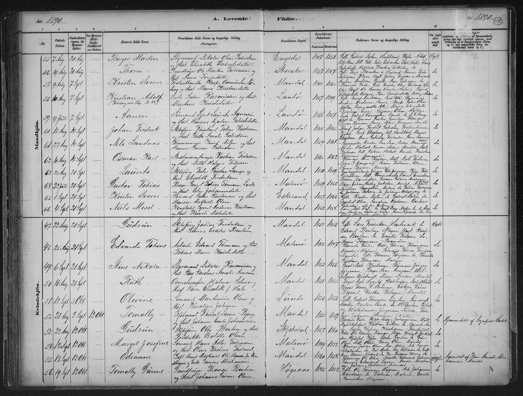 Mandal sokneprestkontor, AV/SAK-1111-0030/F/Fb/Fba/L0011: Parish register (copy) no. B 5, 1880-1898, p. 114