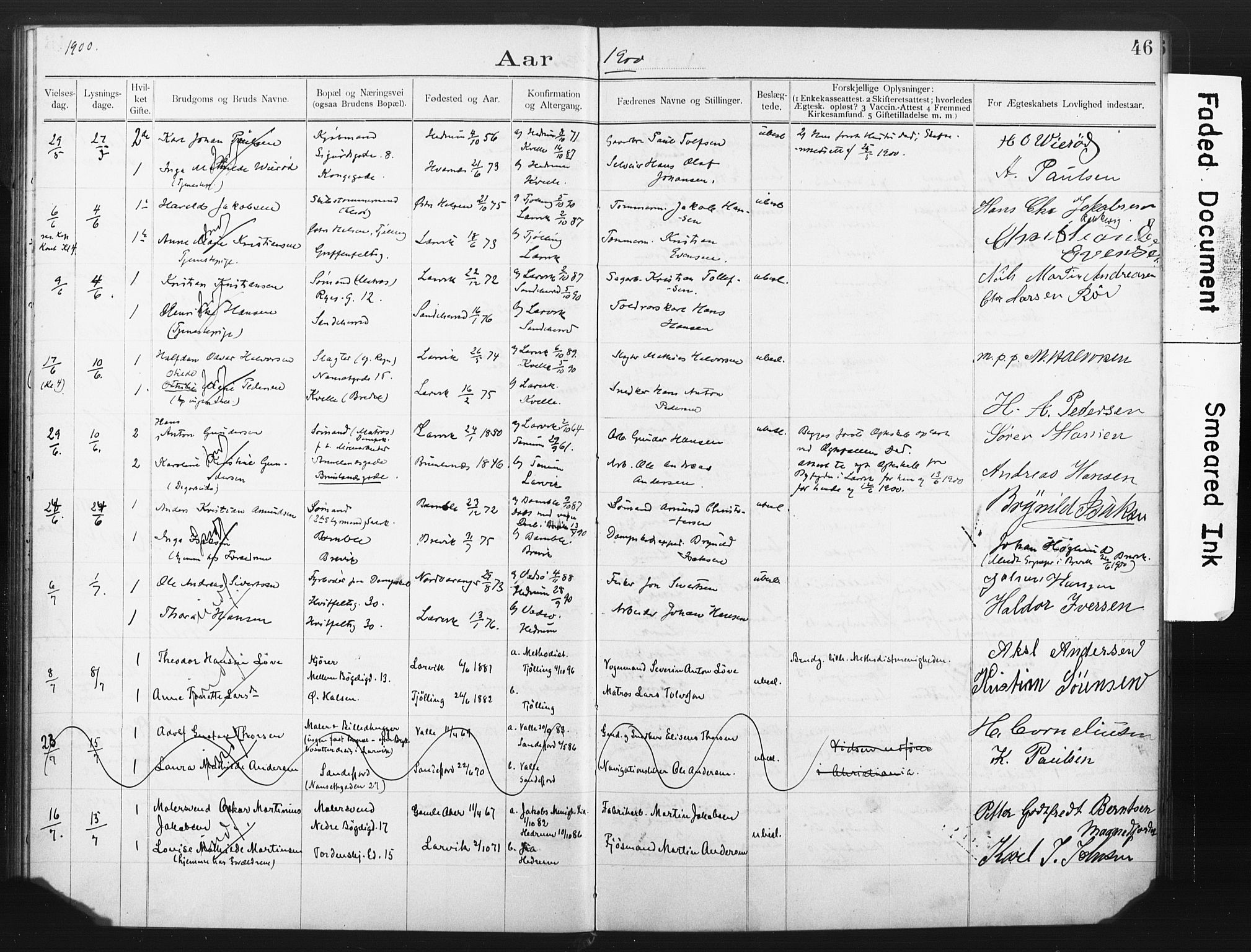 Larvik kirkebøker, AV/SAKO-A-352/H/Ha/L0002: Banns register no. 2, 1892-1907, p. 46