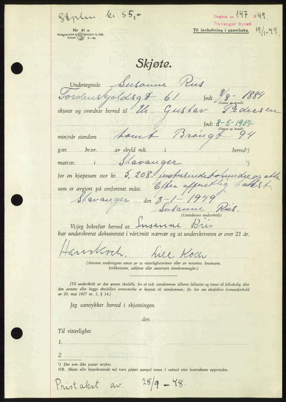 Stavanger byrett, SAST/A-100455/002/G/Gb/L0023: Mortgage book no. A12, 1948-1949, Diary no: : 147/1949