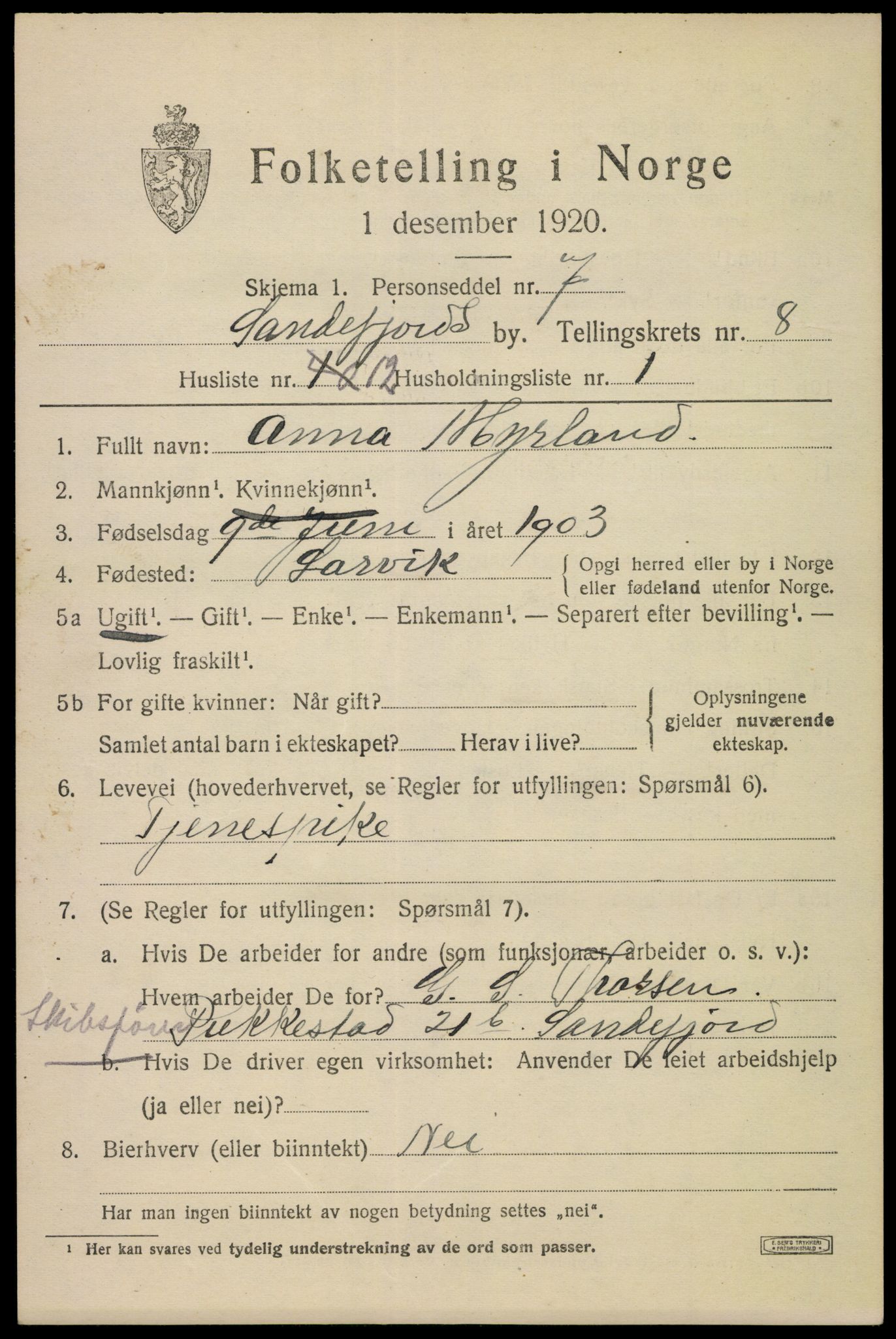 SAKO, 1920 census for Sandefjord, 1920, p. 11868