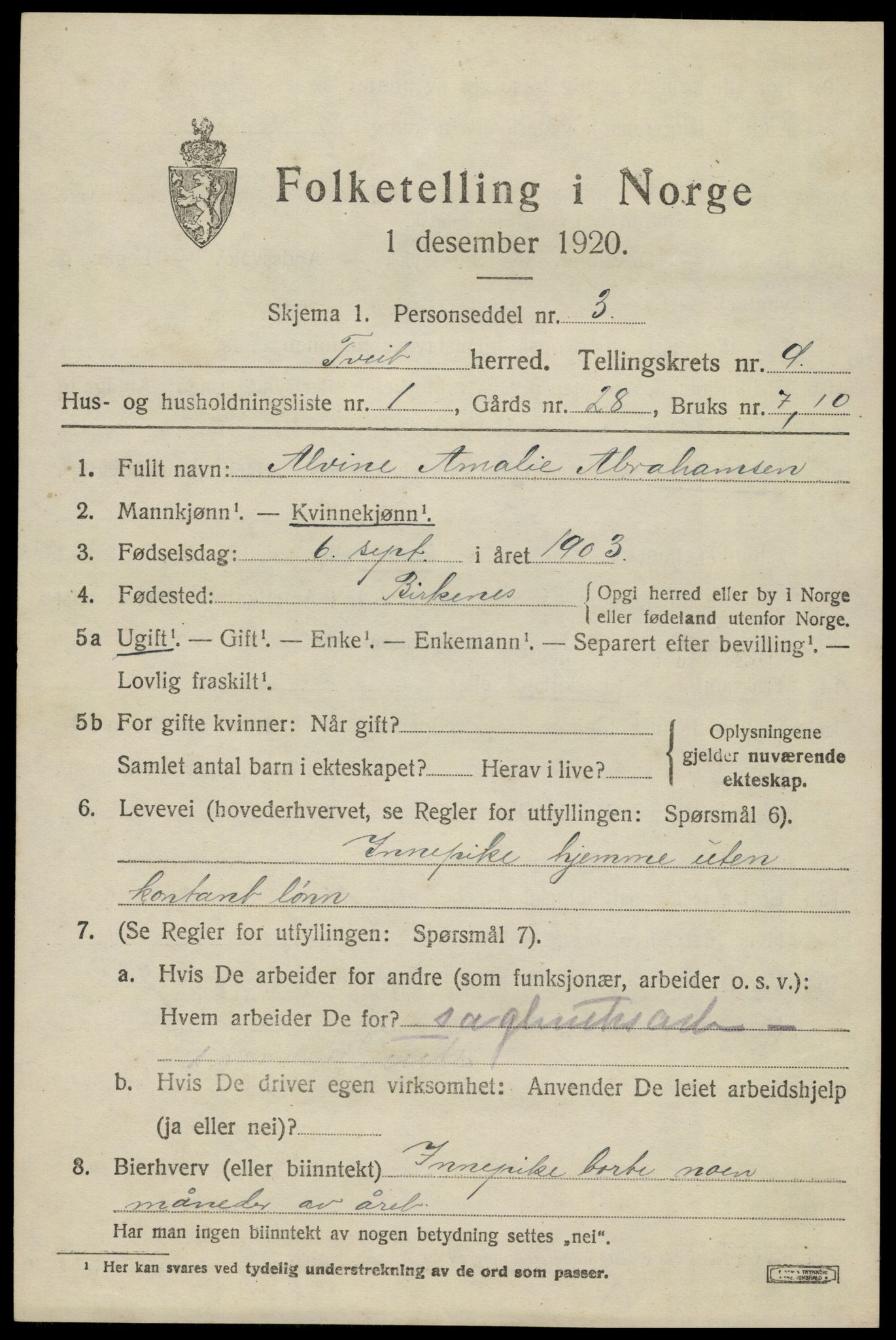 SAK, 1920 census for Tveit, 1920, p. 3872