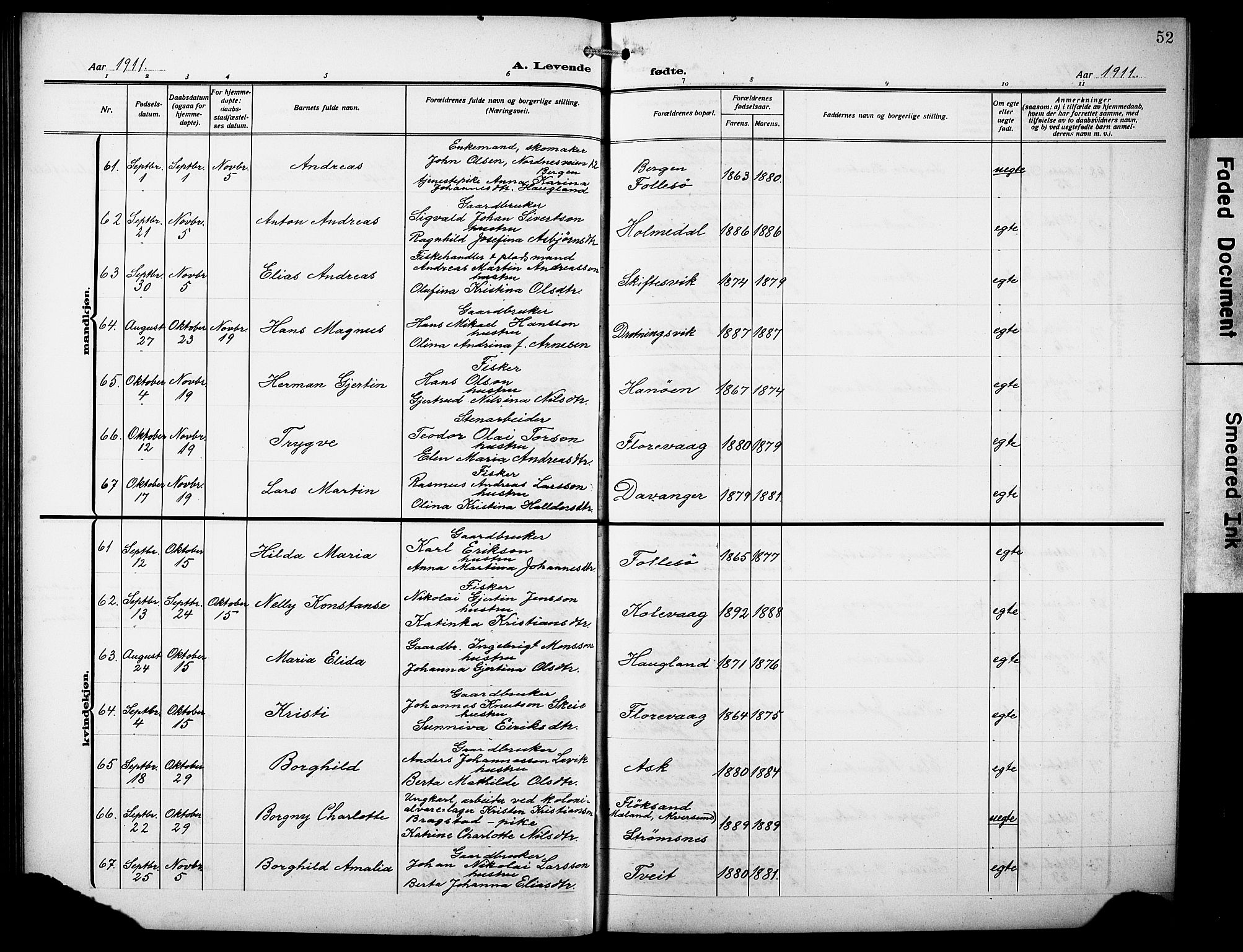 Askøy Sokneprestembete, AV/SAB-A-74101/H/Ha/Hab/Haba/L0011: Parish register (copy) no. A 11, 1908-1931, p. 52