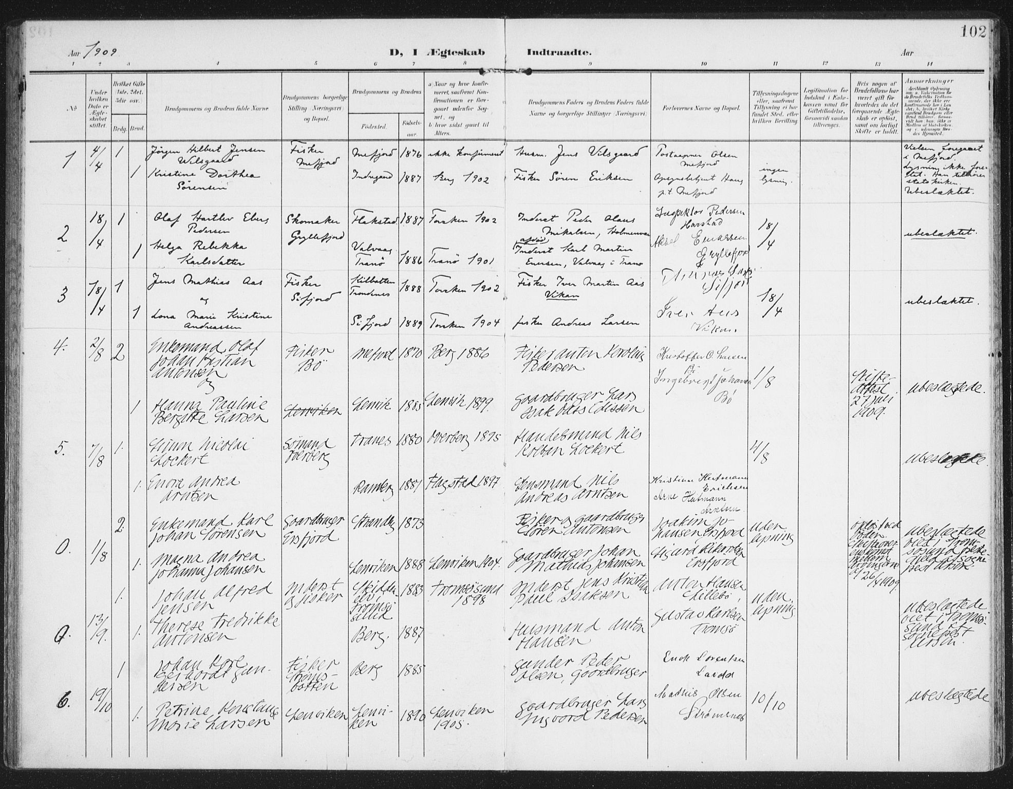 Berg sokneprestkontor, AV/SATØ-S-1318/G/Ga/Gaa/L0007kirke: Parish register (official) no. 7, 1906-1915, p. 102