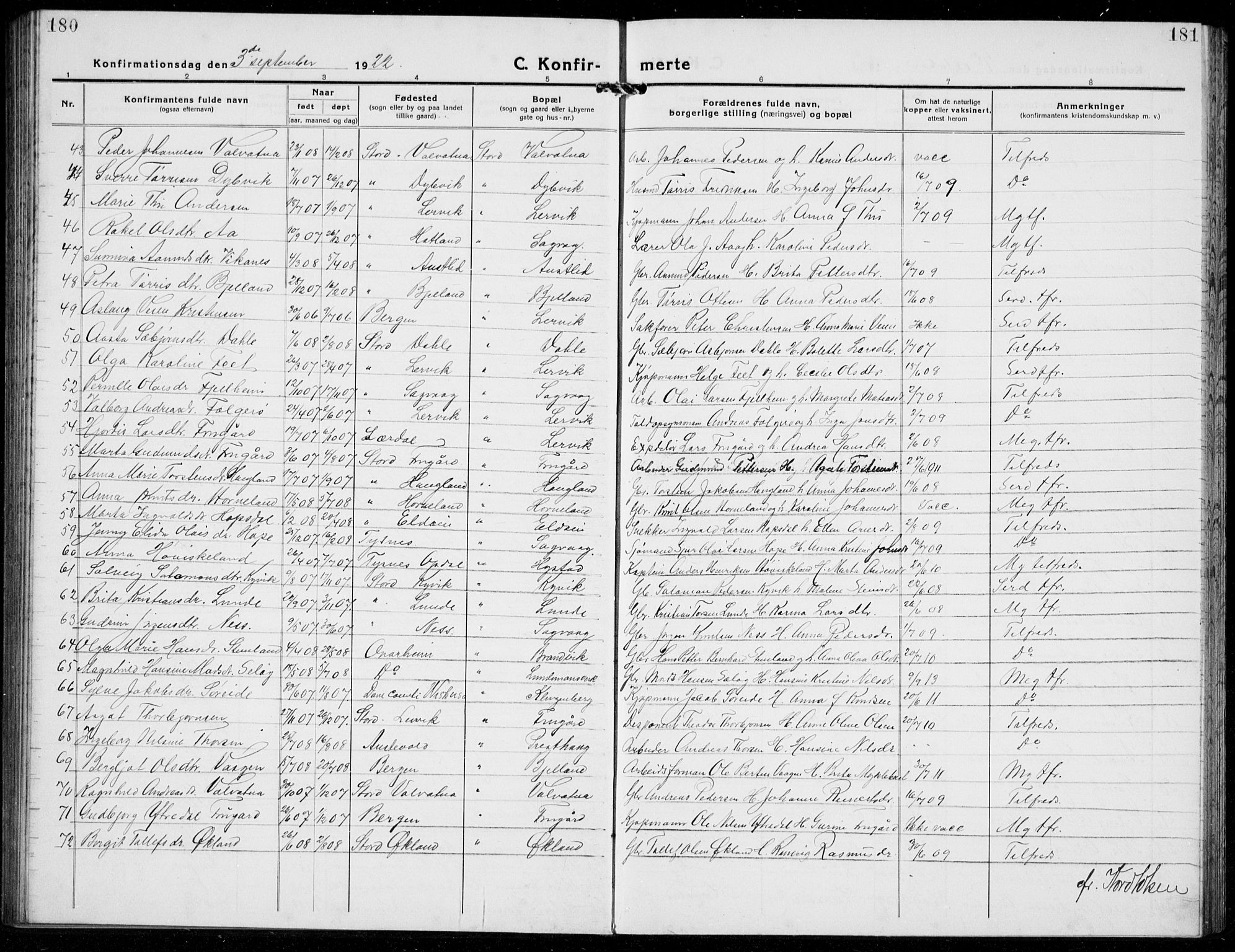 Stord sokneprestembete, SAB/A-78201/H/Hab: Parish register (copy) no. A 4, 1919-1933, p. 180-181
