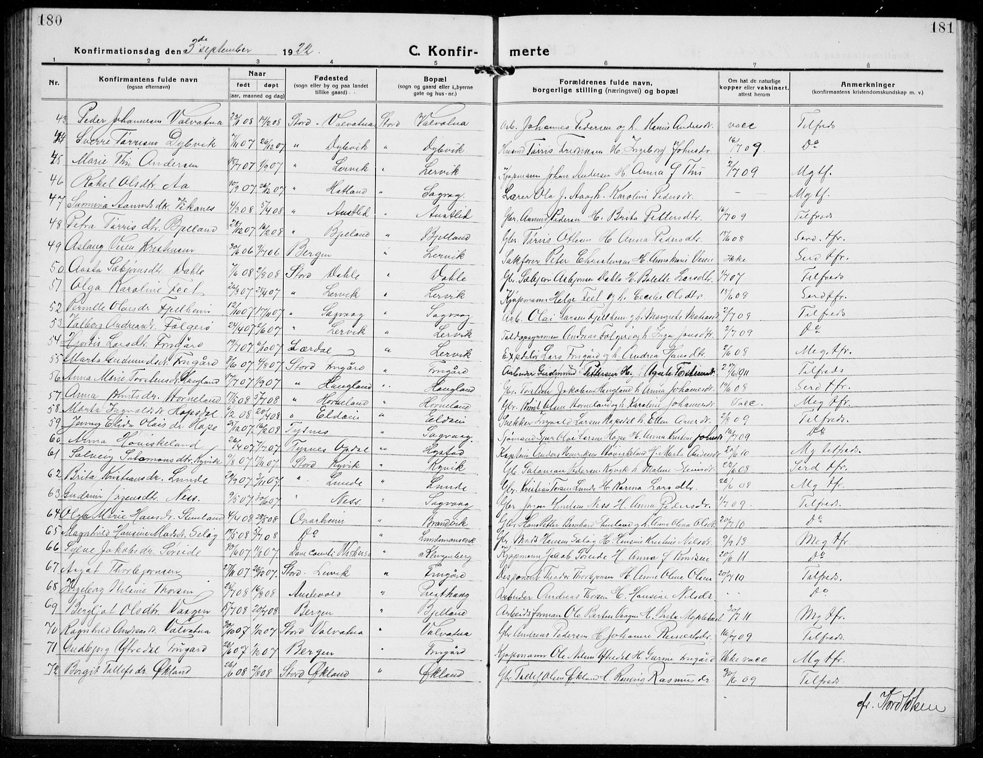 Stord sokneprestembete, AV/SAB-A-78201/H/Hab: Parish register (copy) no. A 4, 1919-1933, p. 180-181