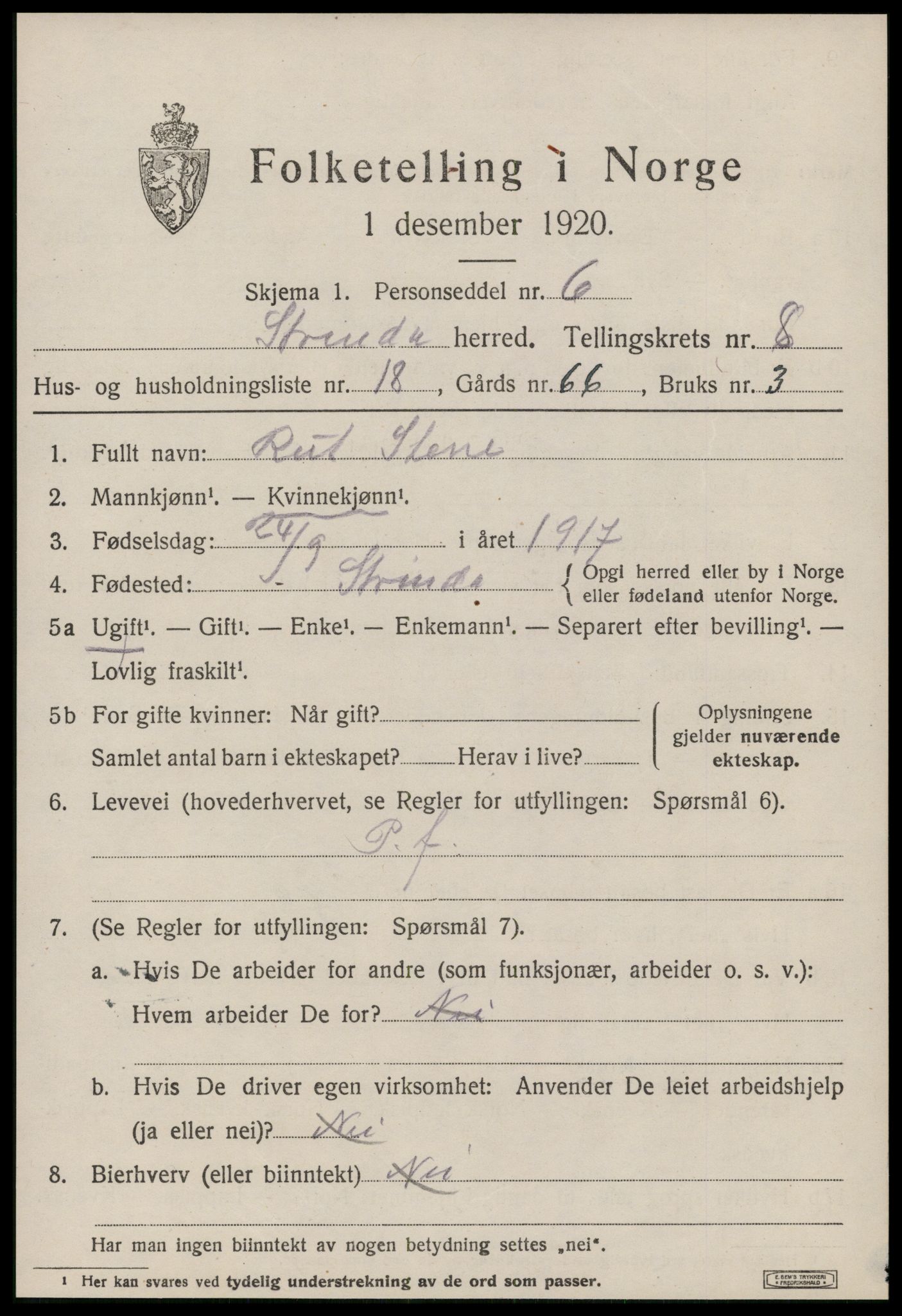 SAT, 1920 census for Strinda, 1920, p. 20254