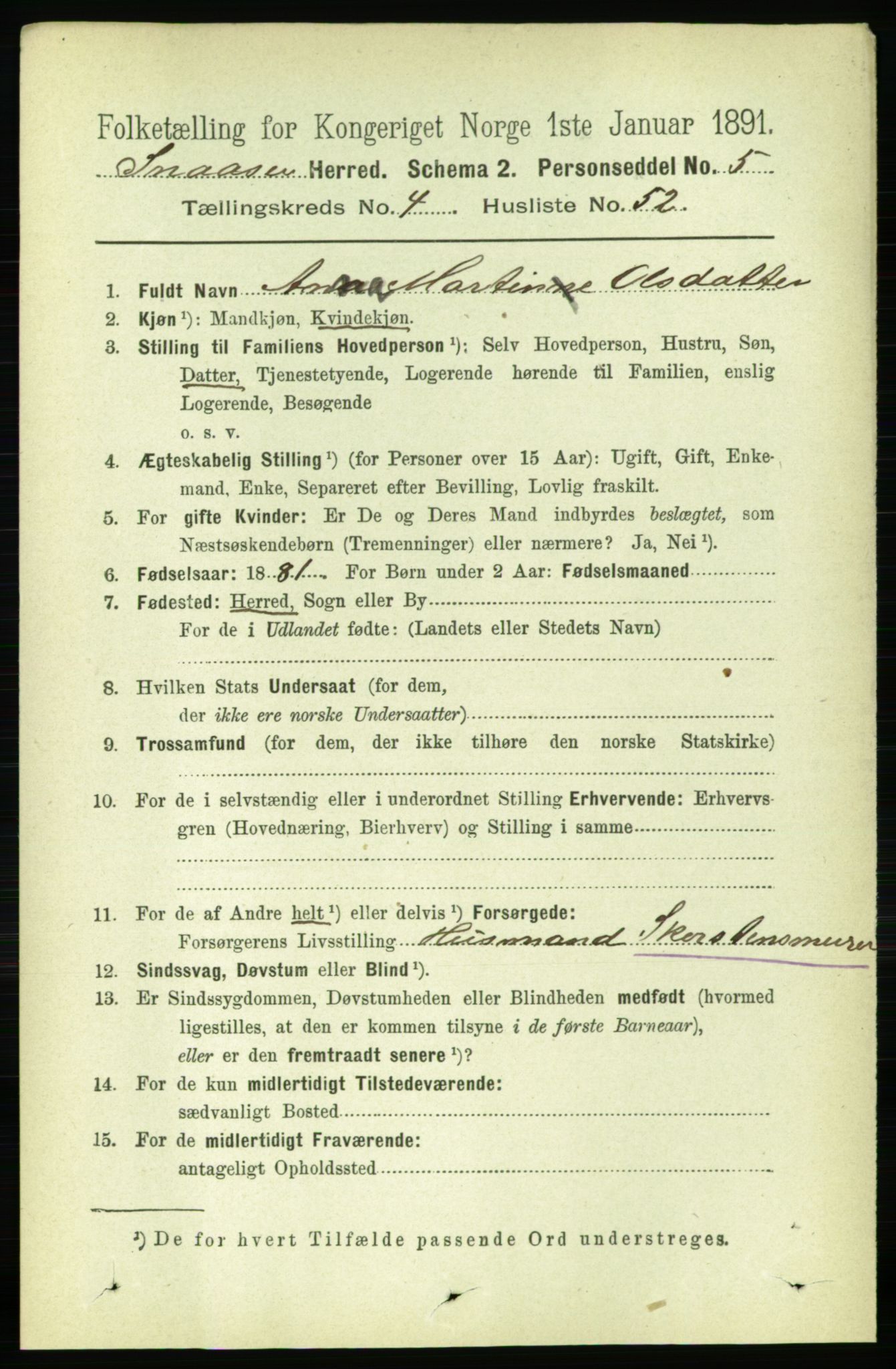 RA, 1891 census for 1736 Snåsa, 1891, p. 1397