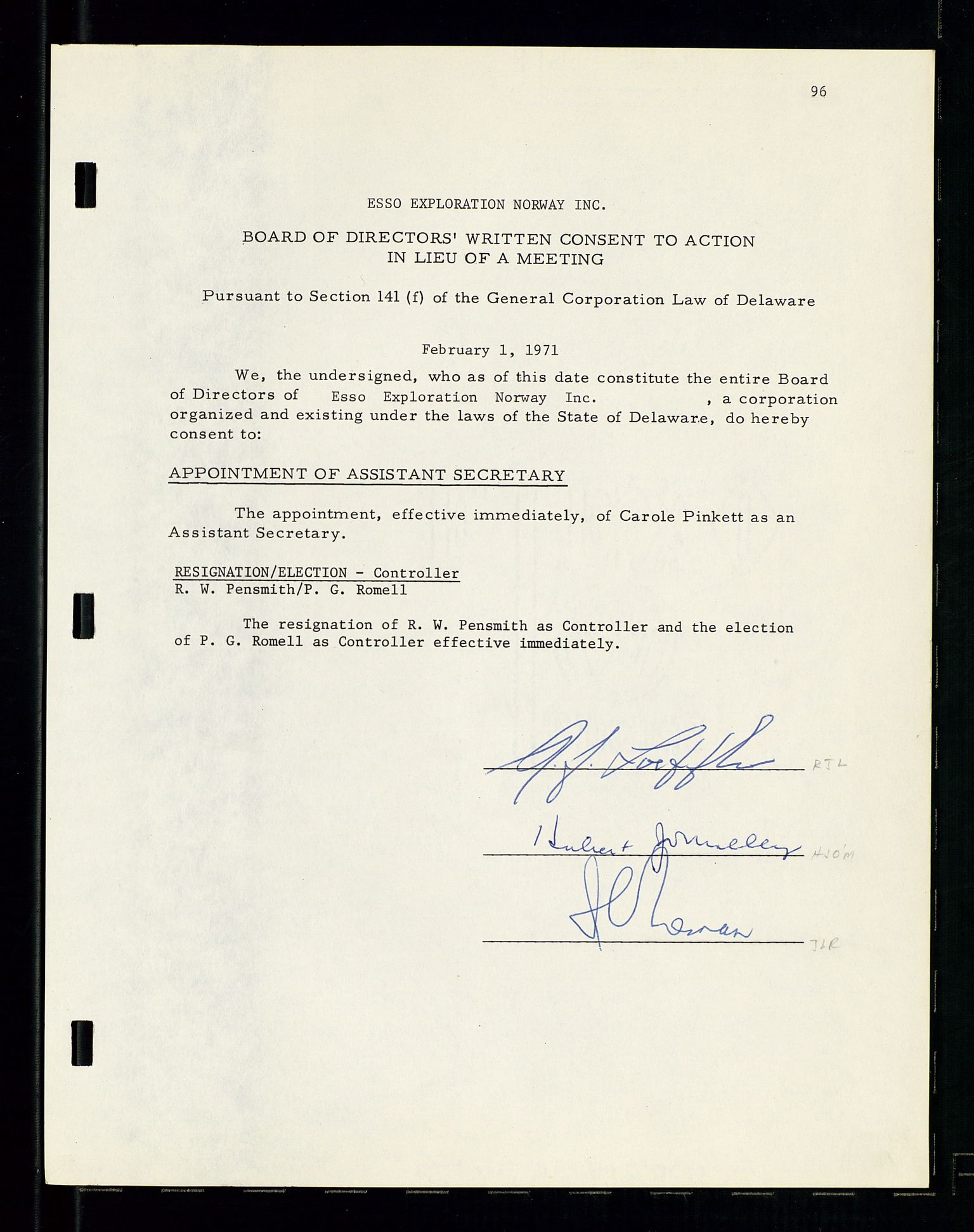 Pa 1512 - Esso Exploration and Production Norway Inc., SAST/A-101917/A/Aa/L0001/0001: Styredokumenter / Corporate records, By-Laws, Board meeting minutes, Incorporations, 1965-1975, p. 96