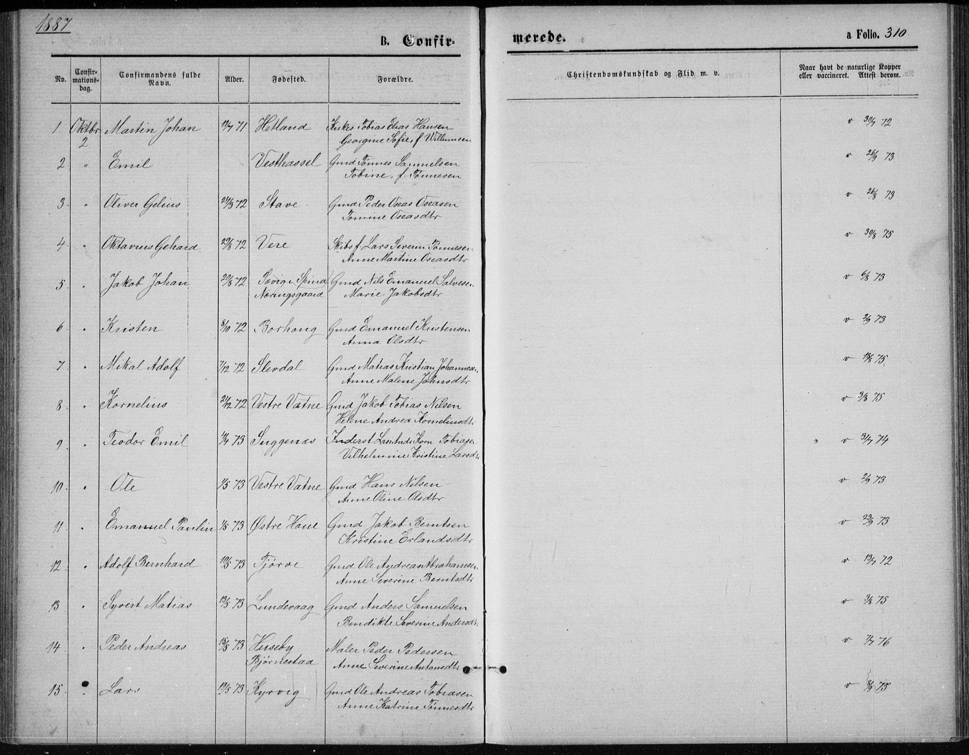 Lista sokneprestkontor, AV/SAK-1111-0027/F/Fb/L0004: Parish register (copy) no. B 4, 1877-1891, p. 310