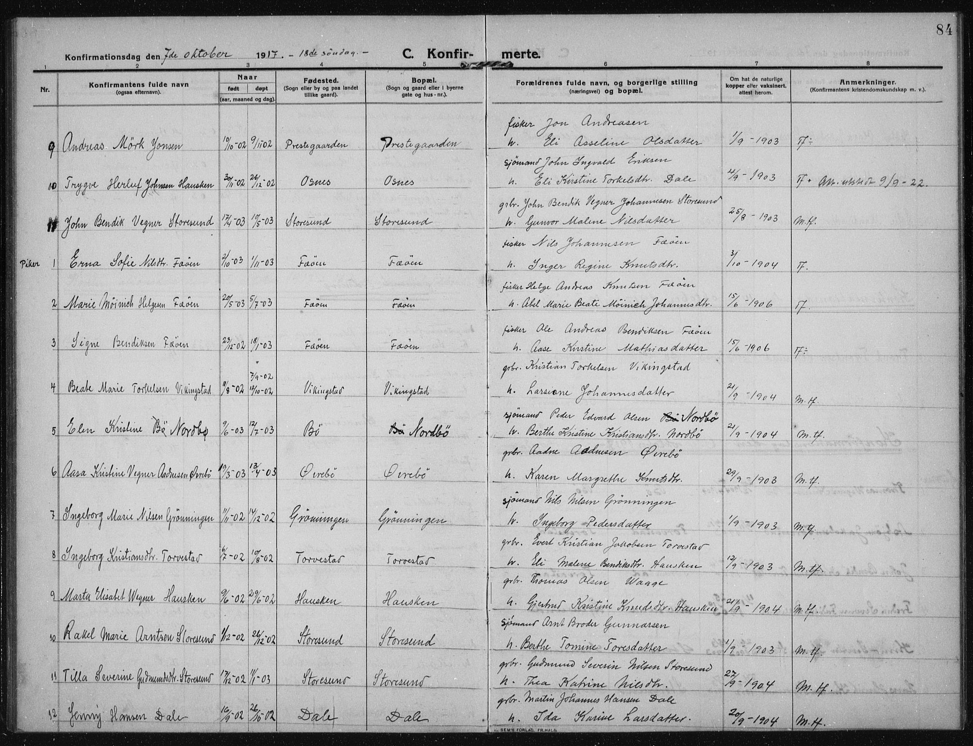 Torvastad sokneprestkontor, AV/SAST-A -101857/H/Ha/Haa/L0019: Parish register (official) no. A 18, 1912-1920, p. 84