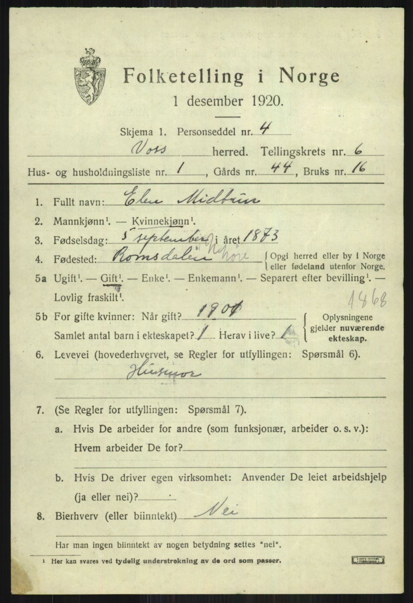 SAB, 1920 census for Voss, 1920, p. 5929