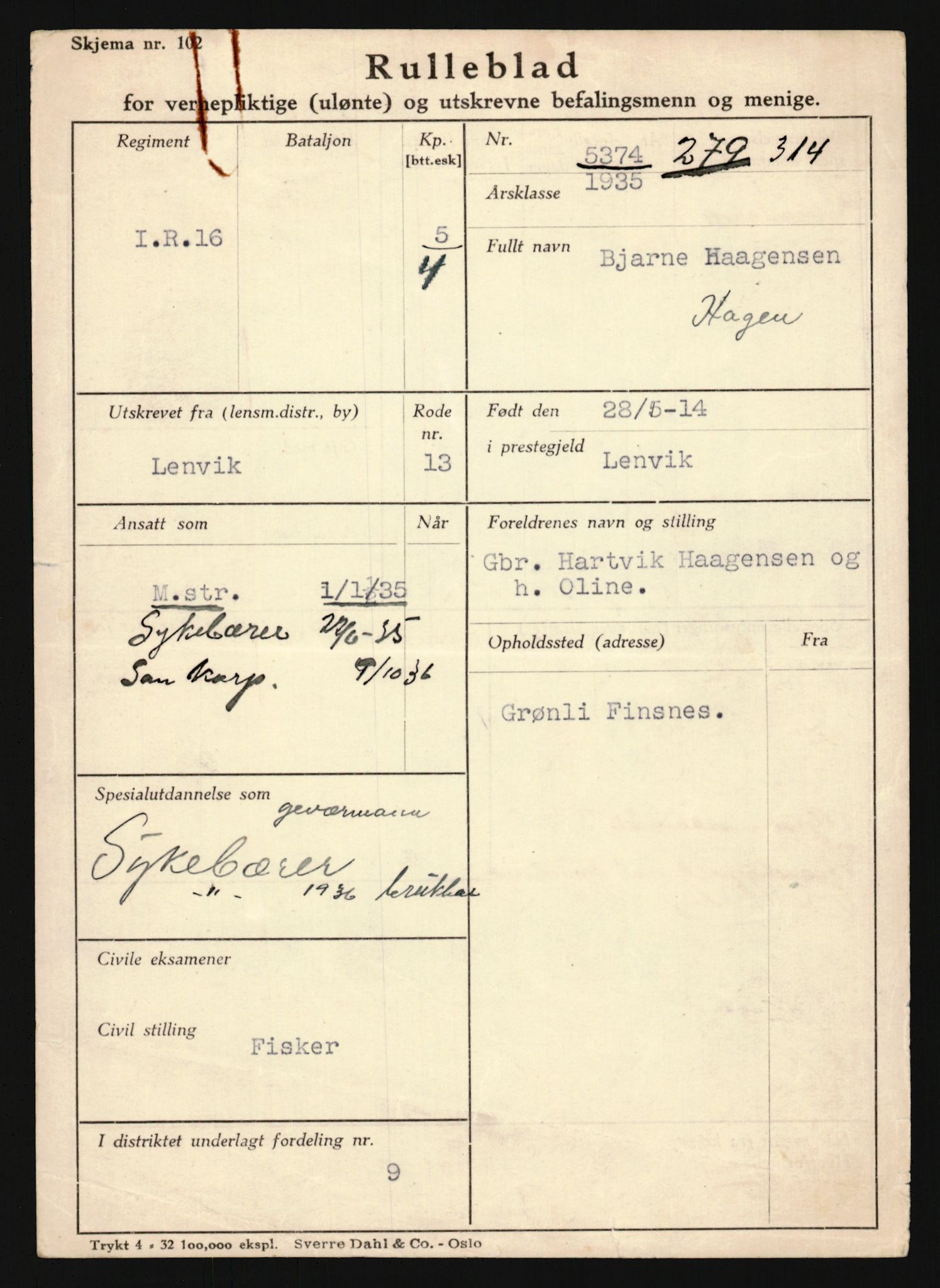 Forsvaret, Troms infanteriregiment nr. 16, AV/RA-RAFA-3146/P/Pa/L0019: Rulleblad for regimentets menige mannskaper, årsklasse 1935, 1935, p. 249