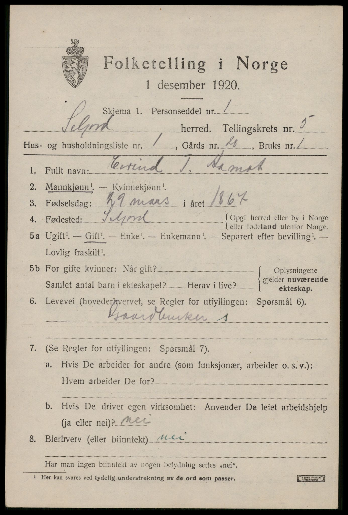 SAKO, 1920 census for Seljord, 1920, p. 2376