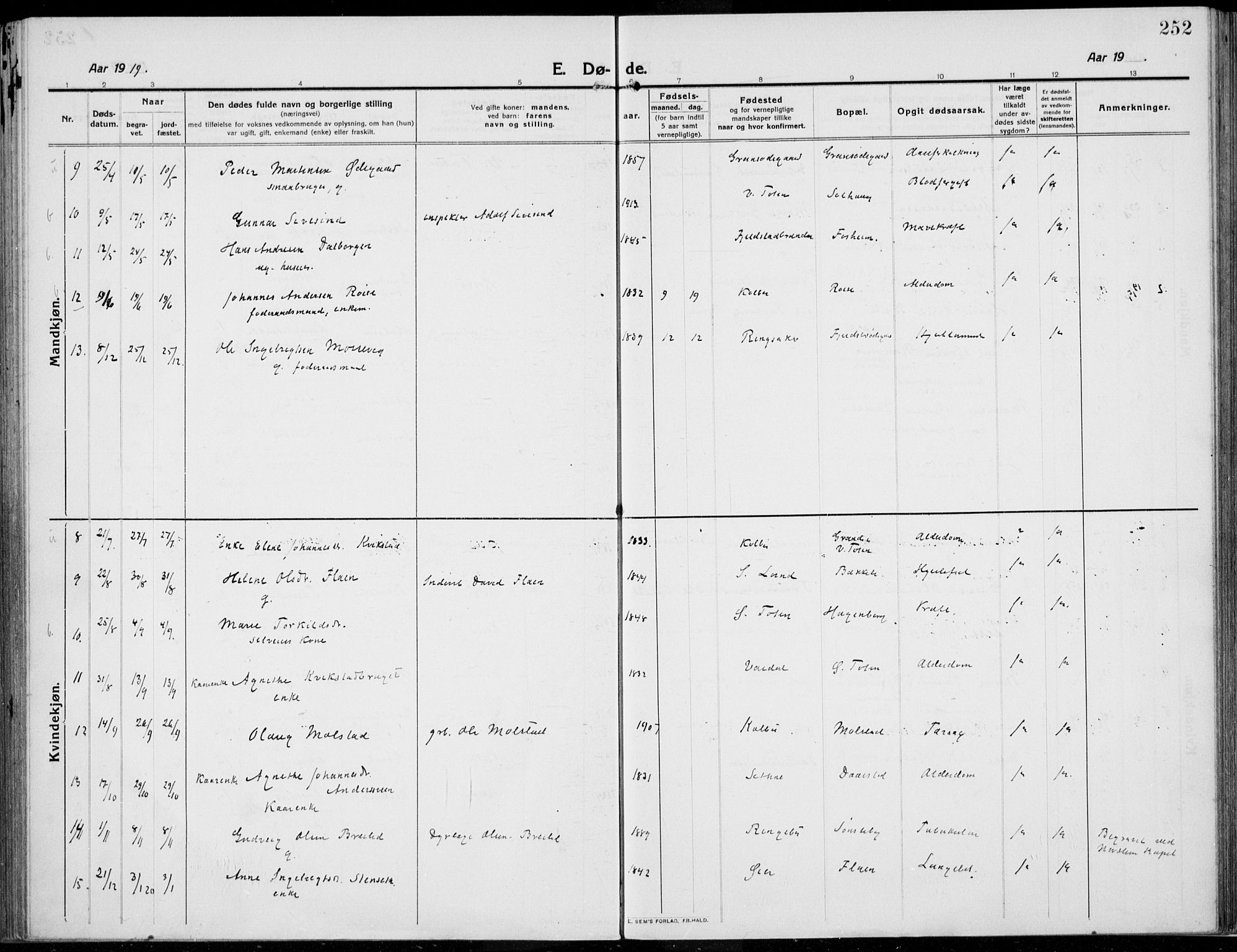 Kolbu prestekontor, SAH/PREST-110/H/Ha/Haa/L0002: Parish register (official) no. 2, 1912-1926, p. 252