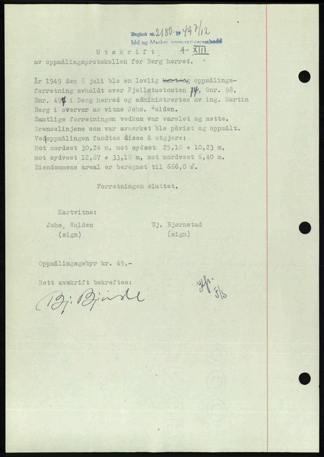 Idd og Marker sorenskriveri, AV/SAO-A-10283/G/Gb/Gbb/L0013: Mortgage book no. A13, 1949-1950, Diary no: : 2180/1949