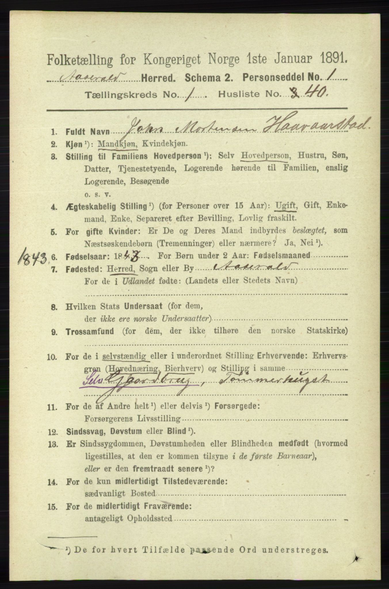 RA, 1891 census for 1026 Åseral, 1891, p. 321