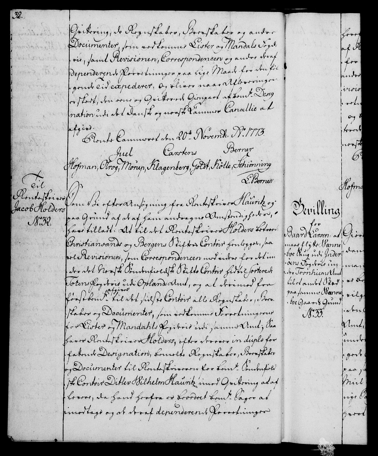 Rentekammeret, Kammerkanselliet, RA/EA-3111/G/Gg/Gga/L0010: Norsk ekspedisjonsprotokoll med register (merket RK 53.10), 1773-1778, p. 32