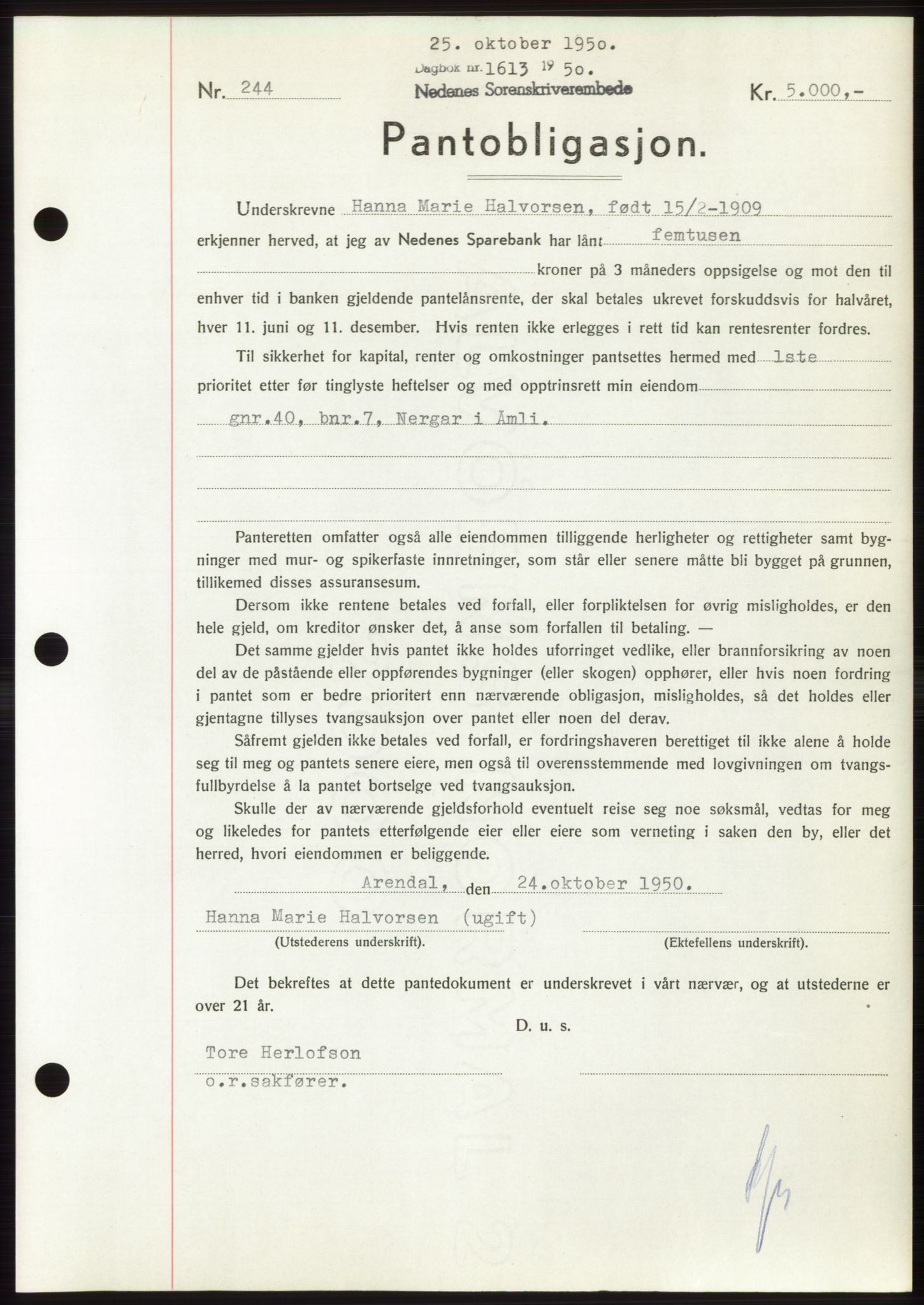 Nedenes sorenskriveri, AV/SAK-1221-0006/G/Gb/Gbb/L0008: Mortgage book no. B8, 1950-1950, Diary no: : 1613/1950