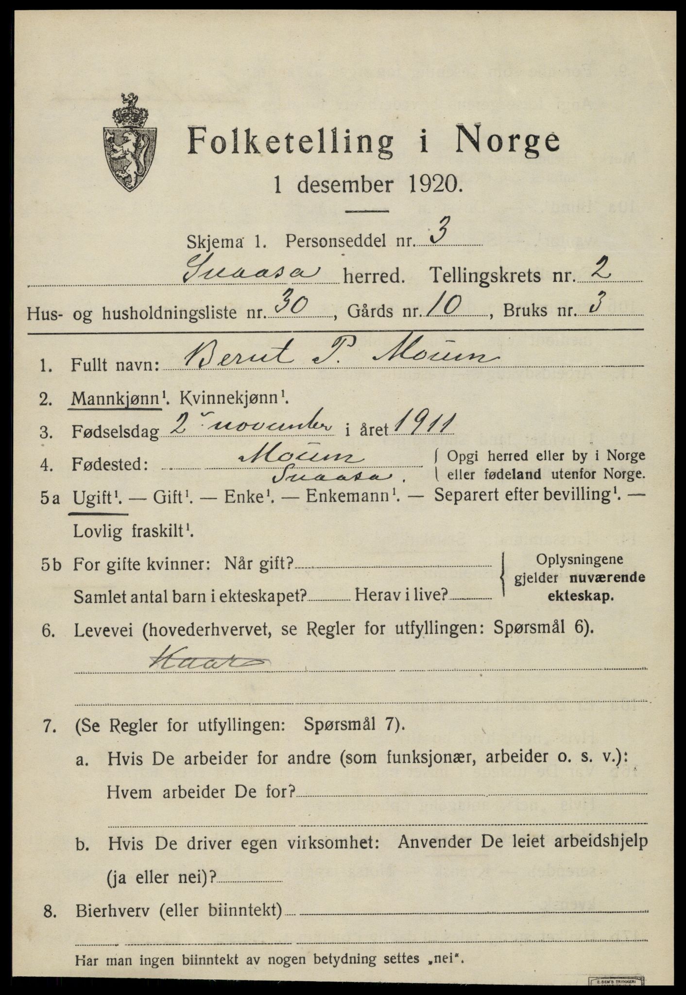 SAT, 1920 census for Snåsa, 1920, p. 1502