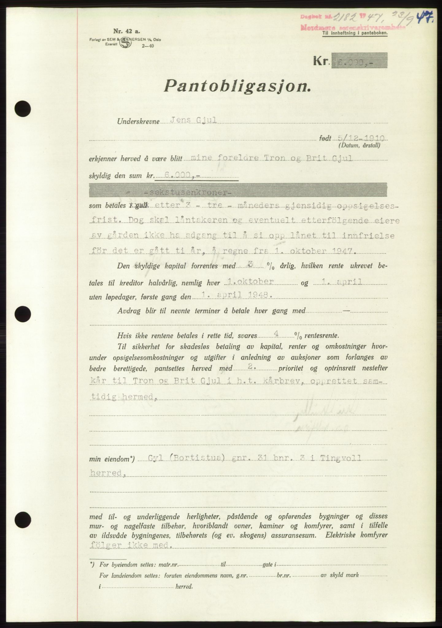 Nordmøre sorenskriveri, AV/SAT-A-4132/1/2/2Ca: Mortgage book no. B97, 1947-1948, Diary no: : 2182/1947