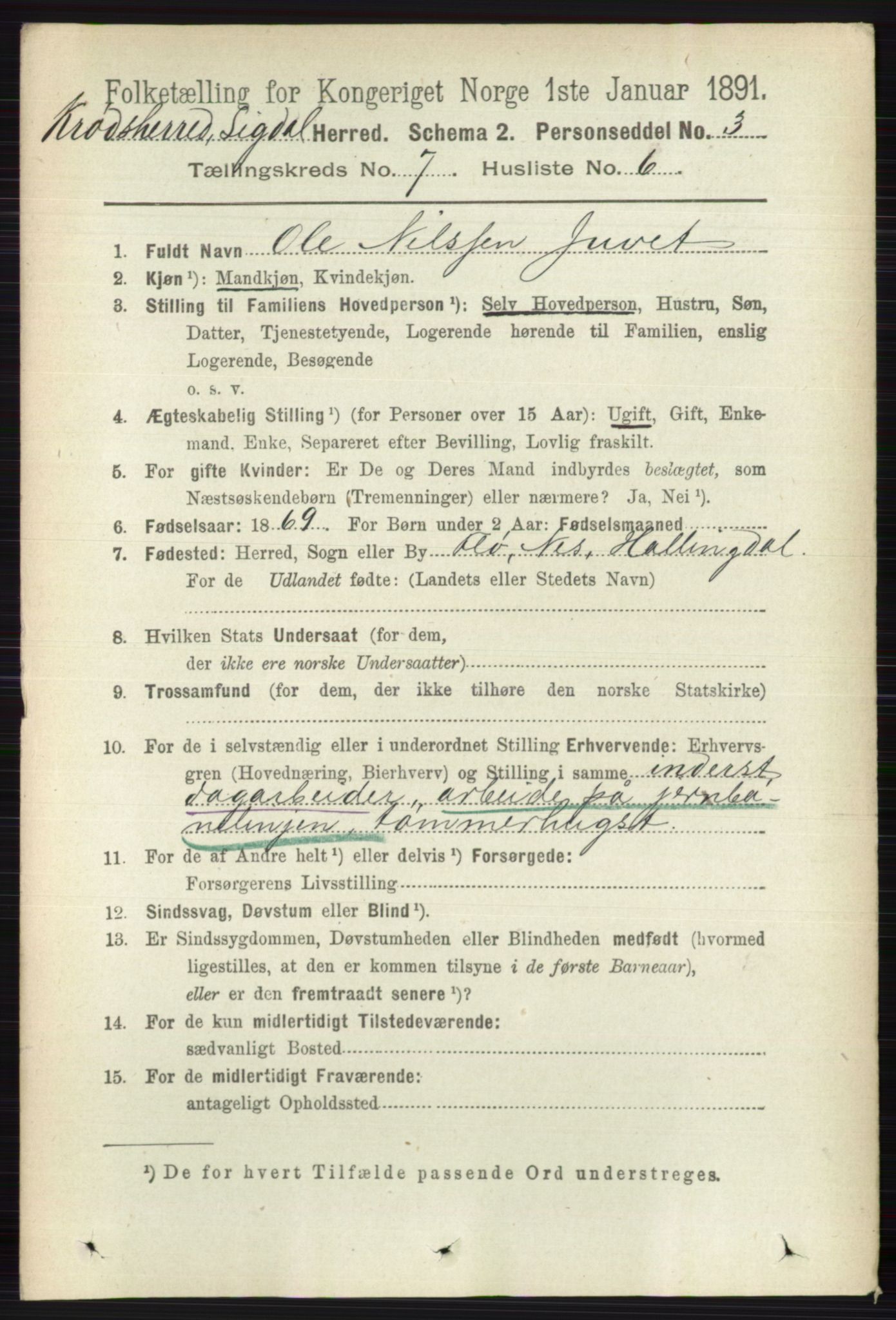 RA, 1891 census for 0621 Sigdal, 1891, p. 7058