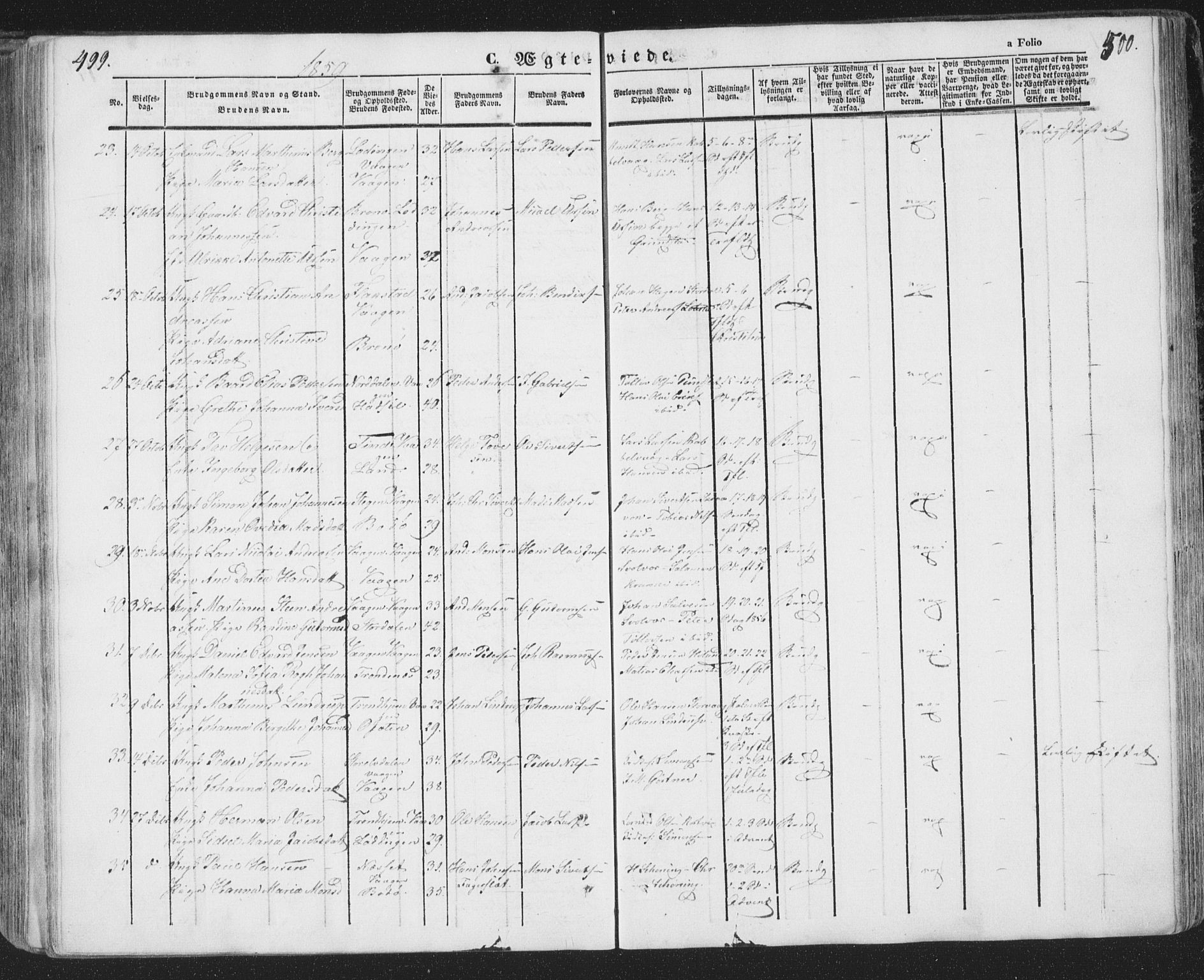 Ministerialprotokoller, klokkerbøker og fødselsregistre - Nordland, SAT/A-1459/874/L1072: Parish register (copy) no. 874C01, 1843-1859, p. 499-500
