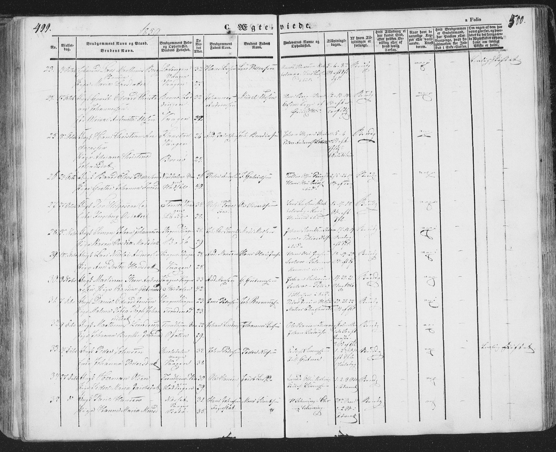 Ministerialprotokoller, klokkerbøker og fødselsregistre - Nordland, AV/SAT-A-1459/874/L1072: Parish register (copy) no. 874C01, 1843-1859, p. 499-500