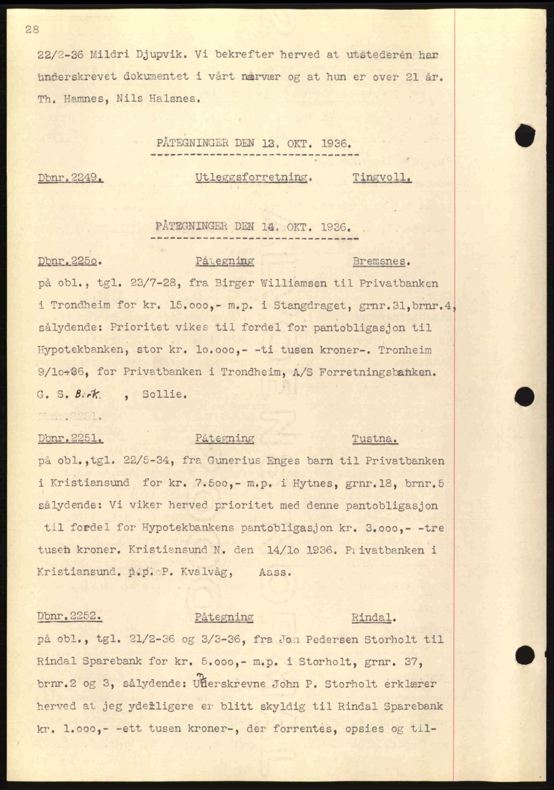 Nordmøre sorenskriveri, AV/SAT-A-4132/1/2/2Ca: Mortgage book no. C80, 1936-1939, Diary no: : 2249/1936