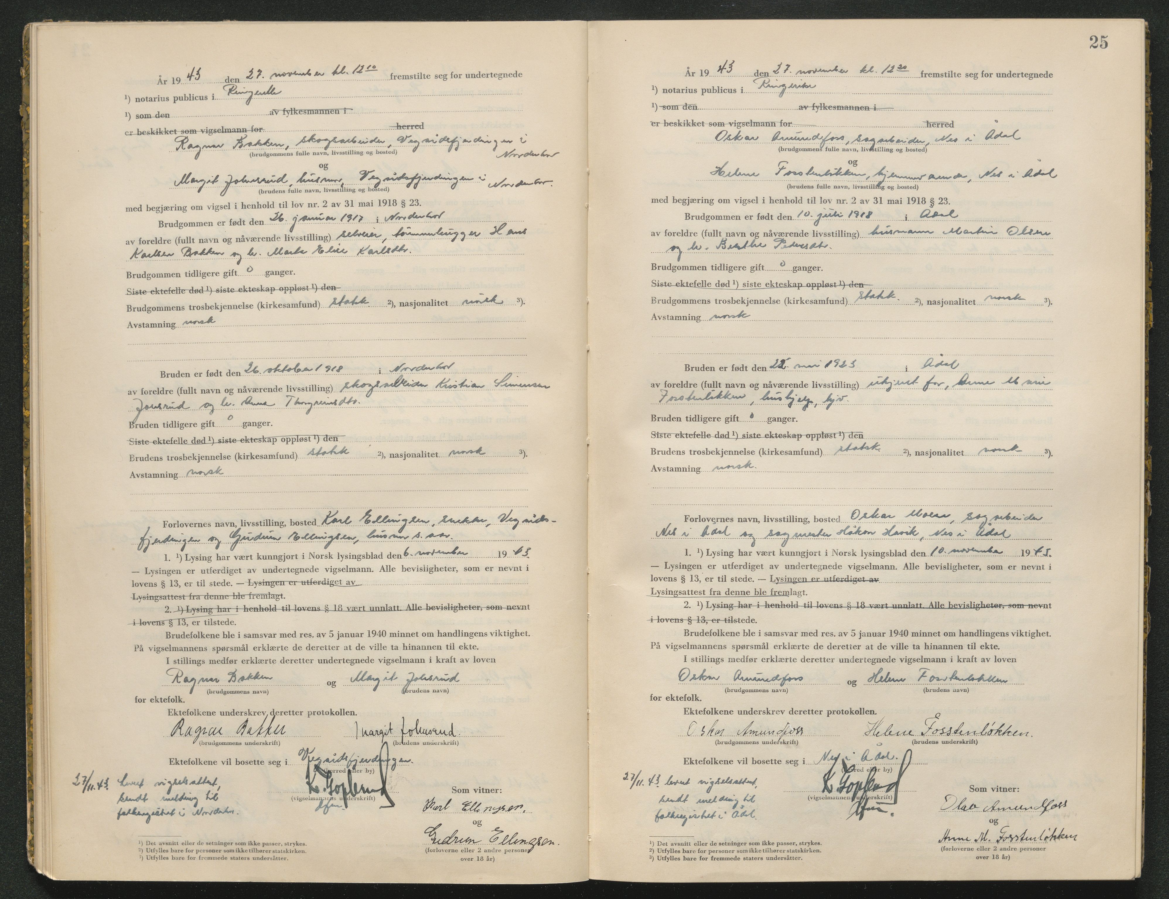 Ringerike sorenskriveri, AV/SAKO-A-105/L/Lc/L0003: Vigselsbok, 1943-1944, p. 25