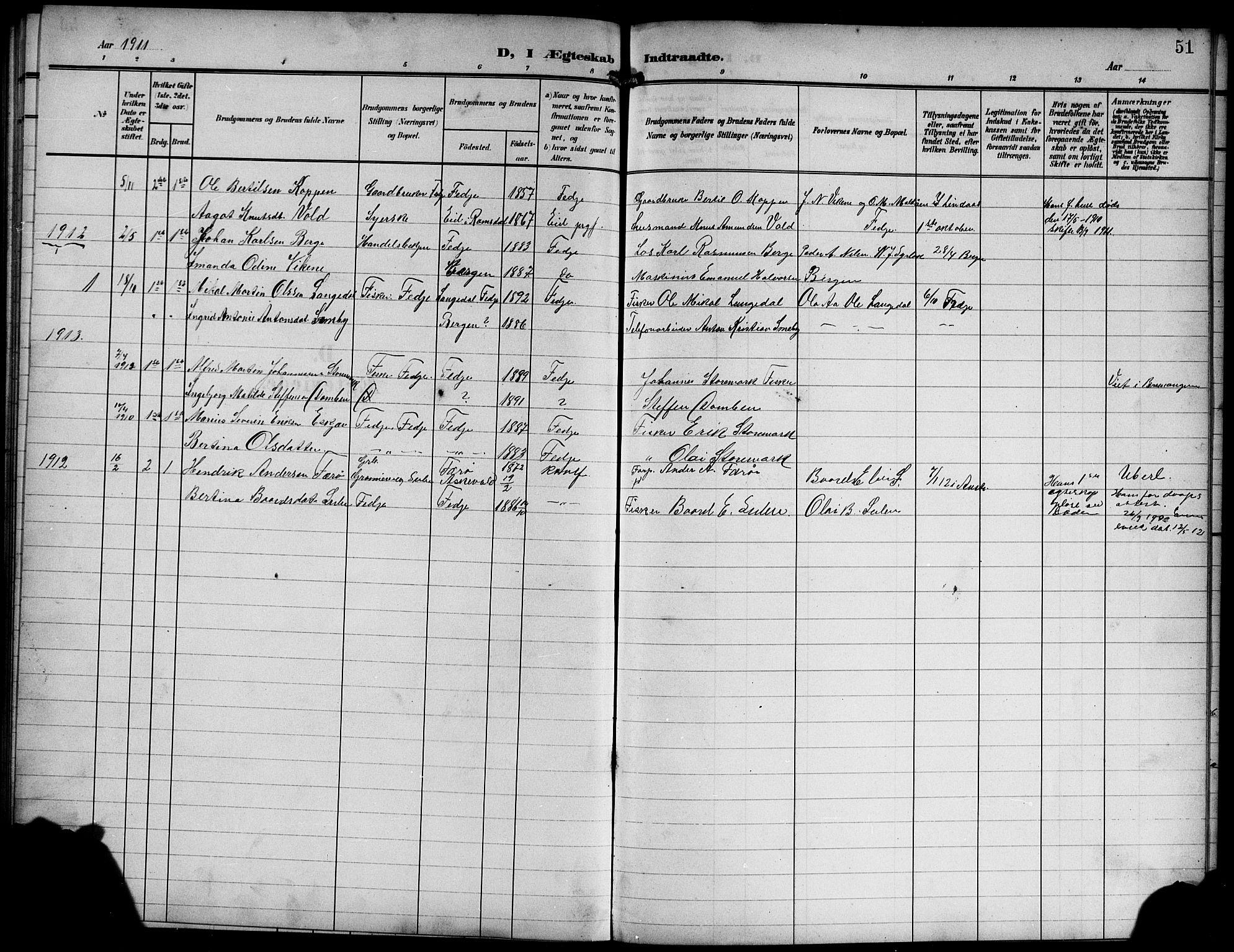 Lindås Sokneprestembete, SAB/A-76701/H/Hab: Parish register (copy) no. D 3, 1906-1917, p. 51