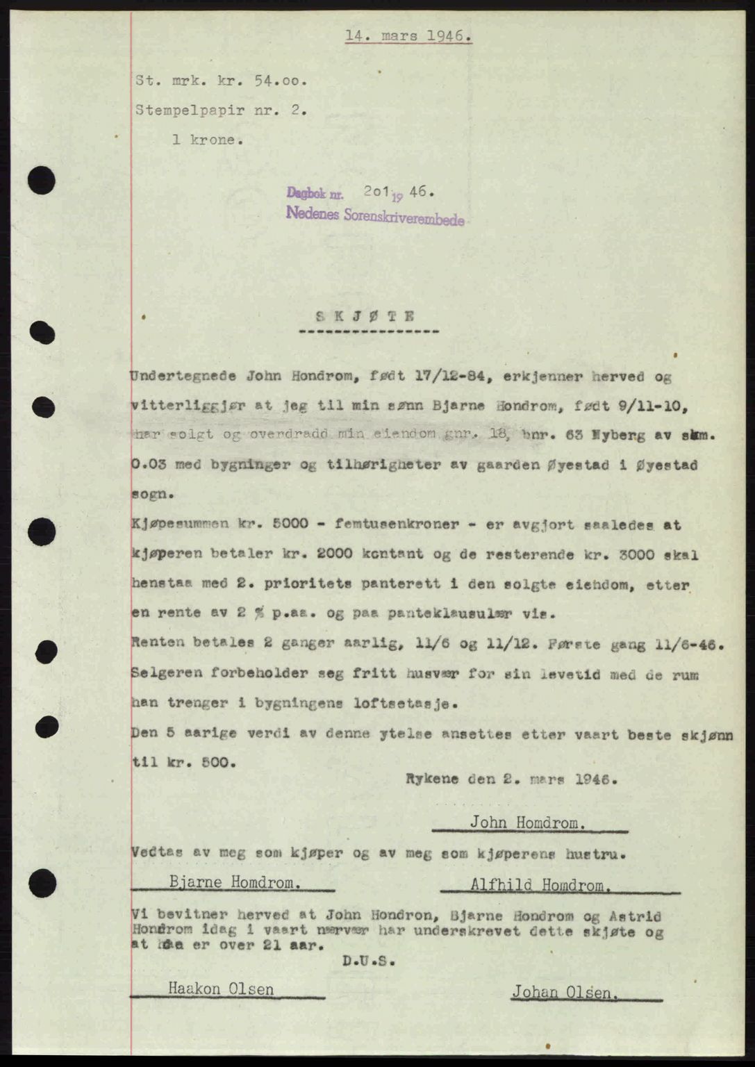 Nedenes sorenskriveri, SAK/1221-0006/G/Gb/Gba/L0054: Mortgage book no. A6c, 1946-1946, Diary no: : 201/1946