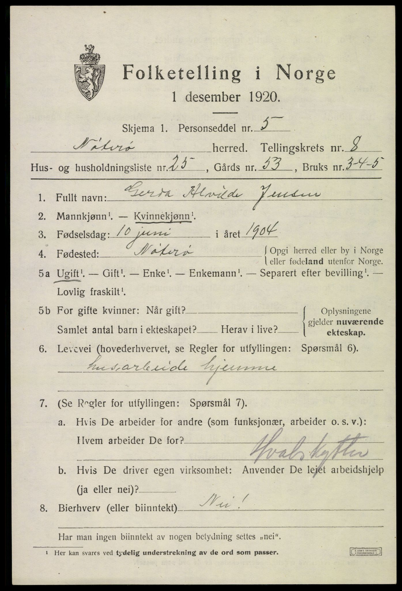 SAKO, 1920 census for Nøtterøy, 1920, p. 10665