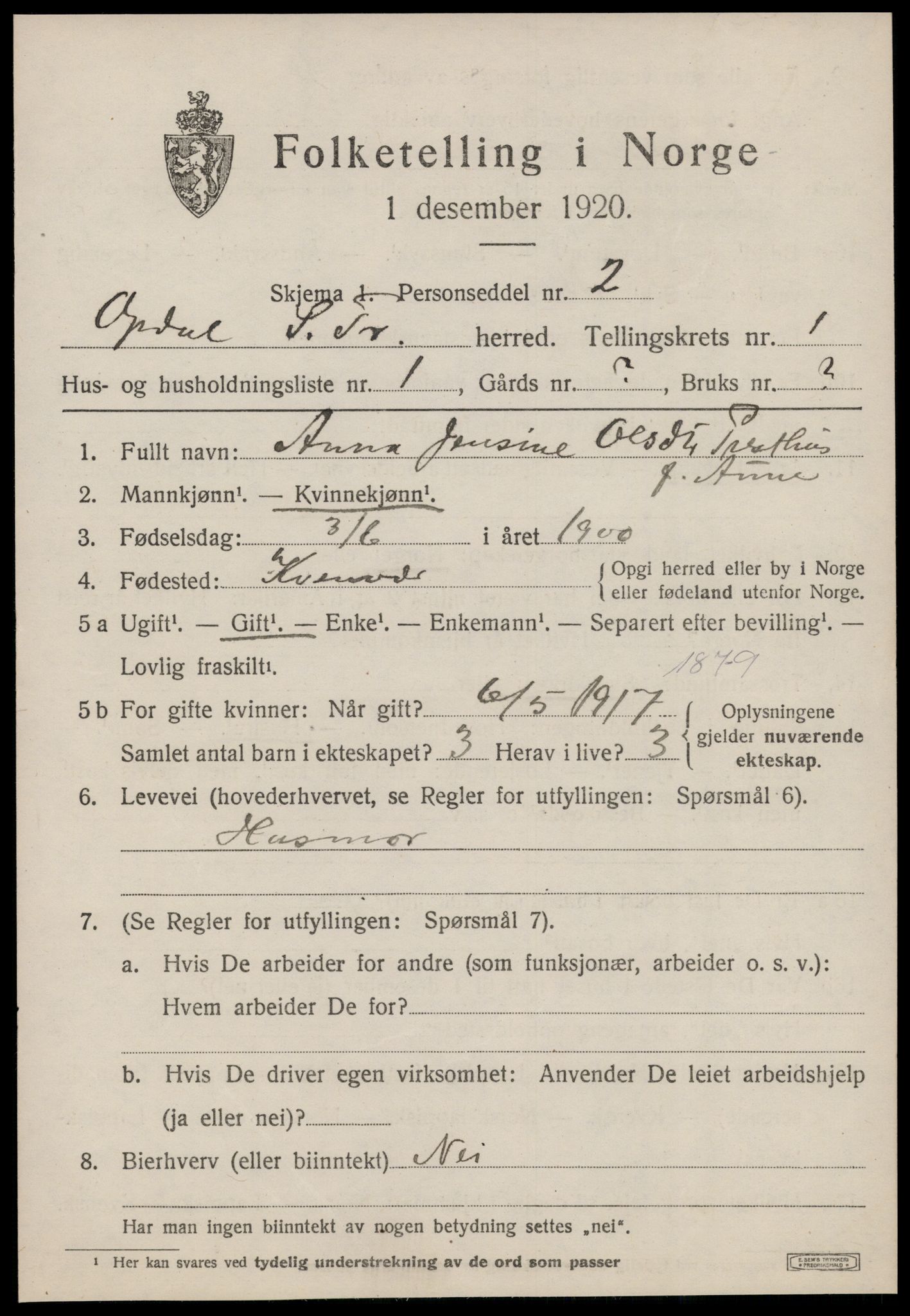 SAT, 1920 census for Oppdal, 1920, p. 1573