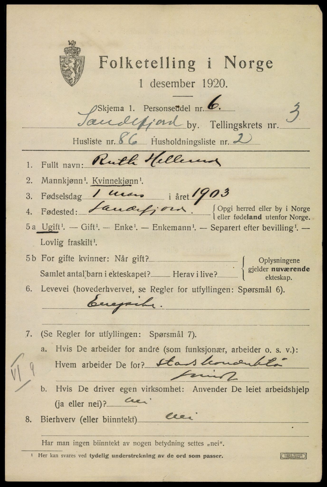 SAKO, 1920 census for Sandefjord, 1920, p. 7824