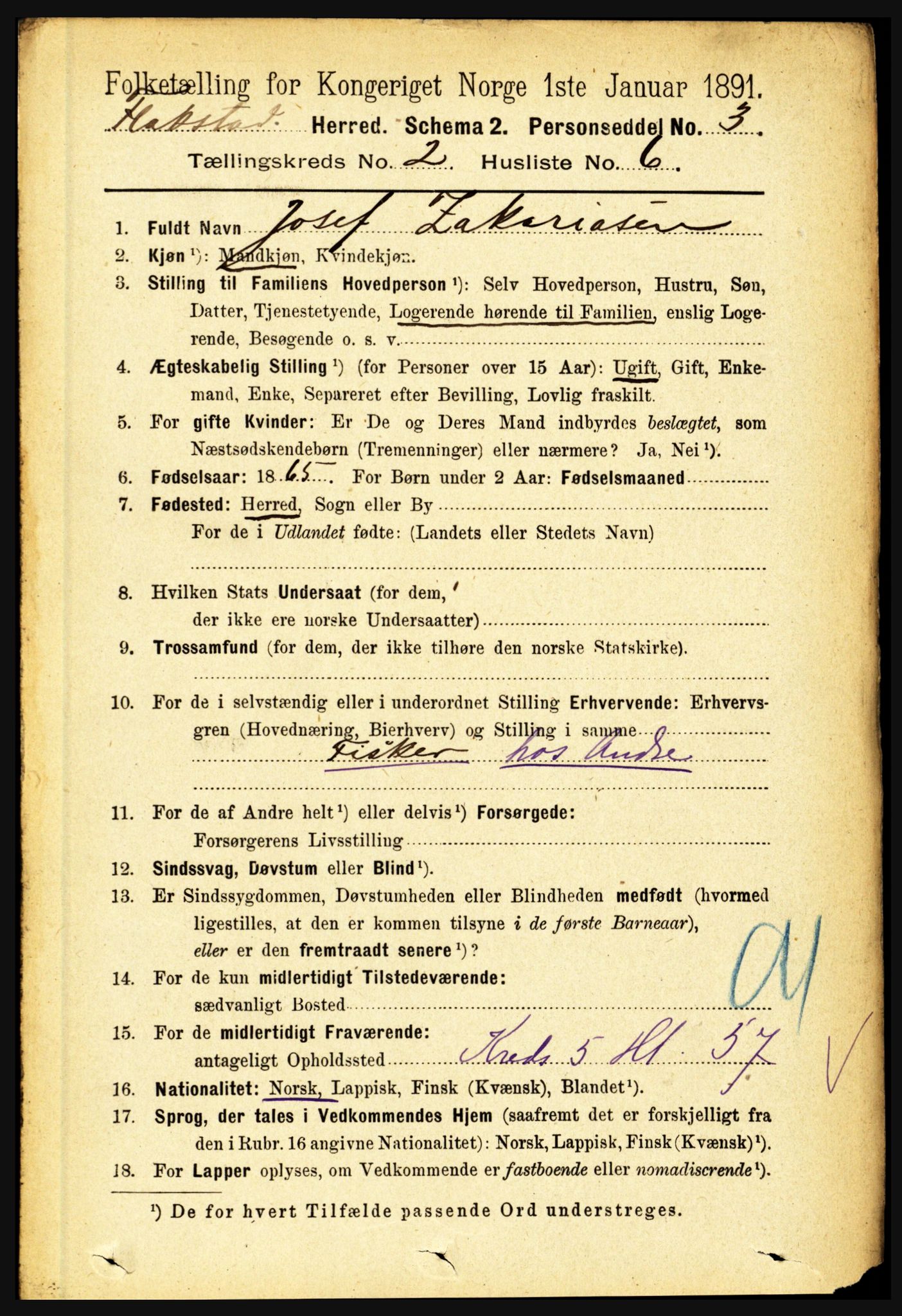 RA, 1891 census for 1859 Flakstad, 1891, p. 650