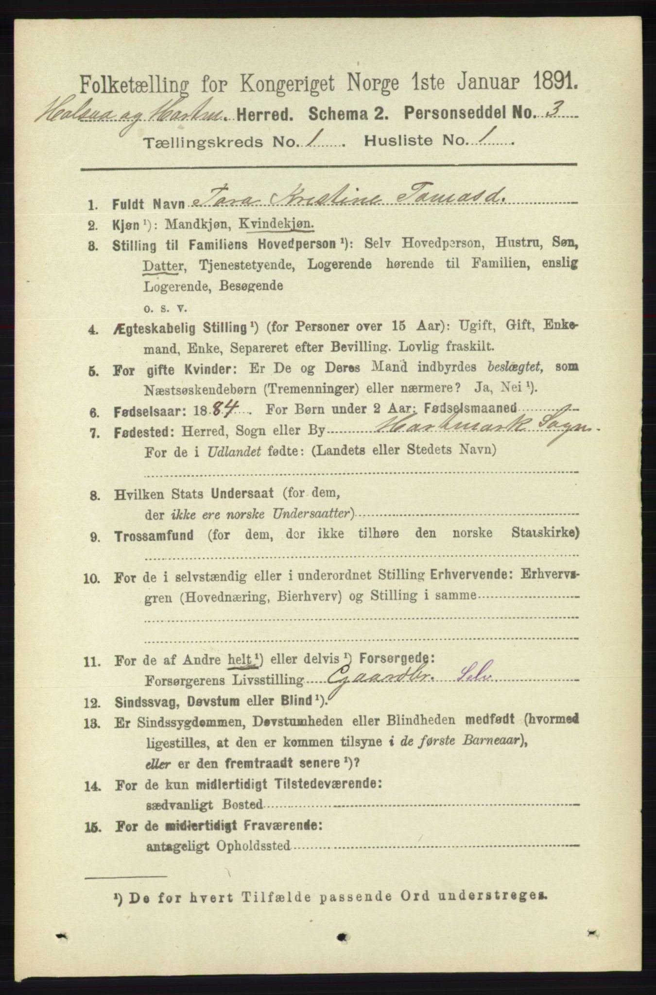 RA, 1891 census for 1019 Halse og Harkmark, 1891, p. 103